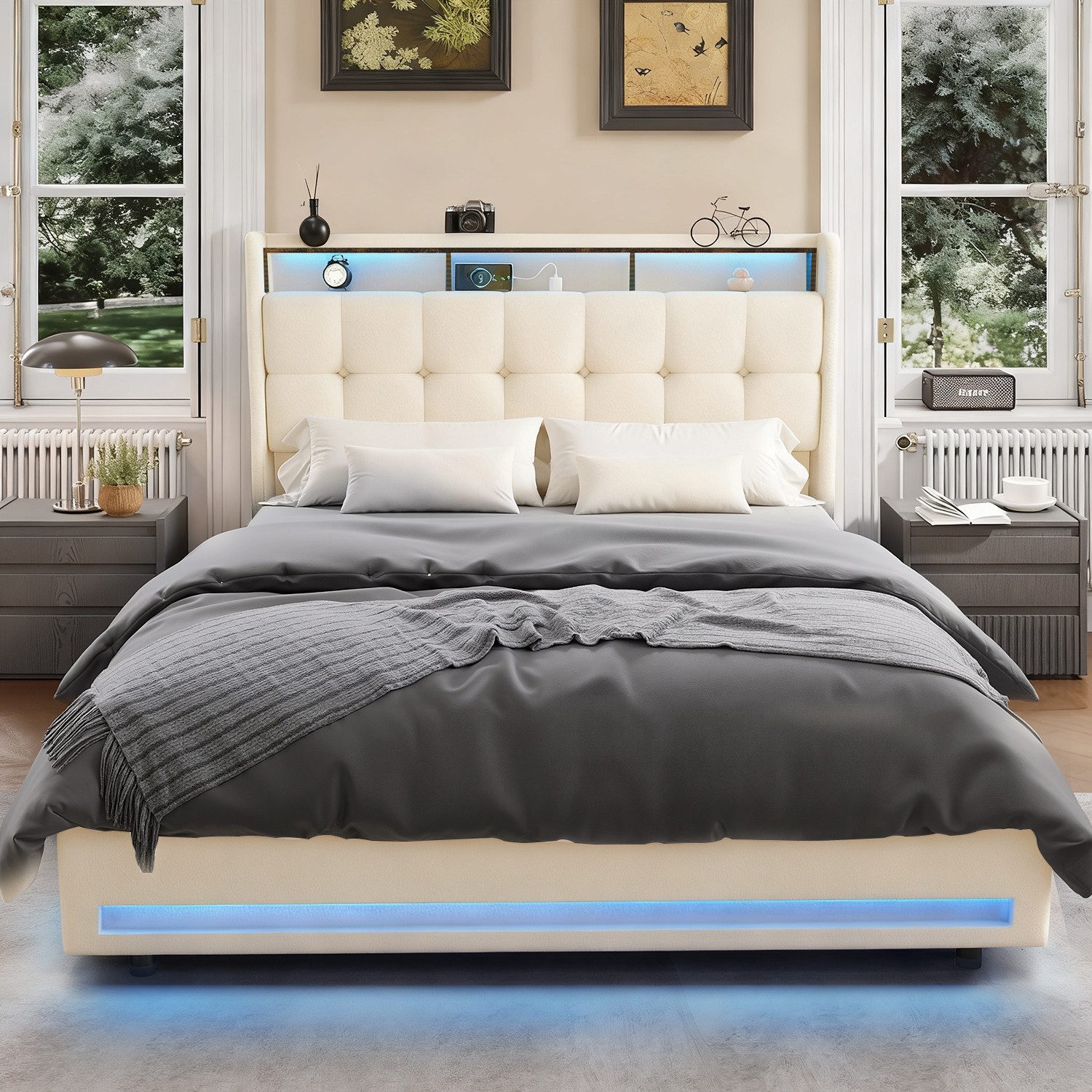 oyajia Polsterbett Doppelbett mit LED Licht 140x200cm,Hydraulisch anhebbarer Stauraumbett (Mit Lattenrost und Ladefunktion, Leinenmaterial Polsterbettt), Modernes Jugendbett, Leises Design Bett, Max. Belastbarkeit 350 kg