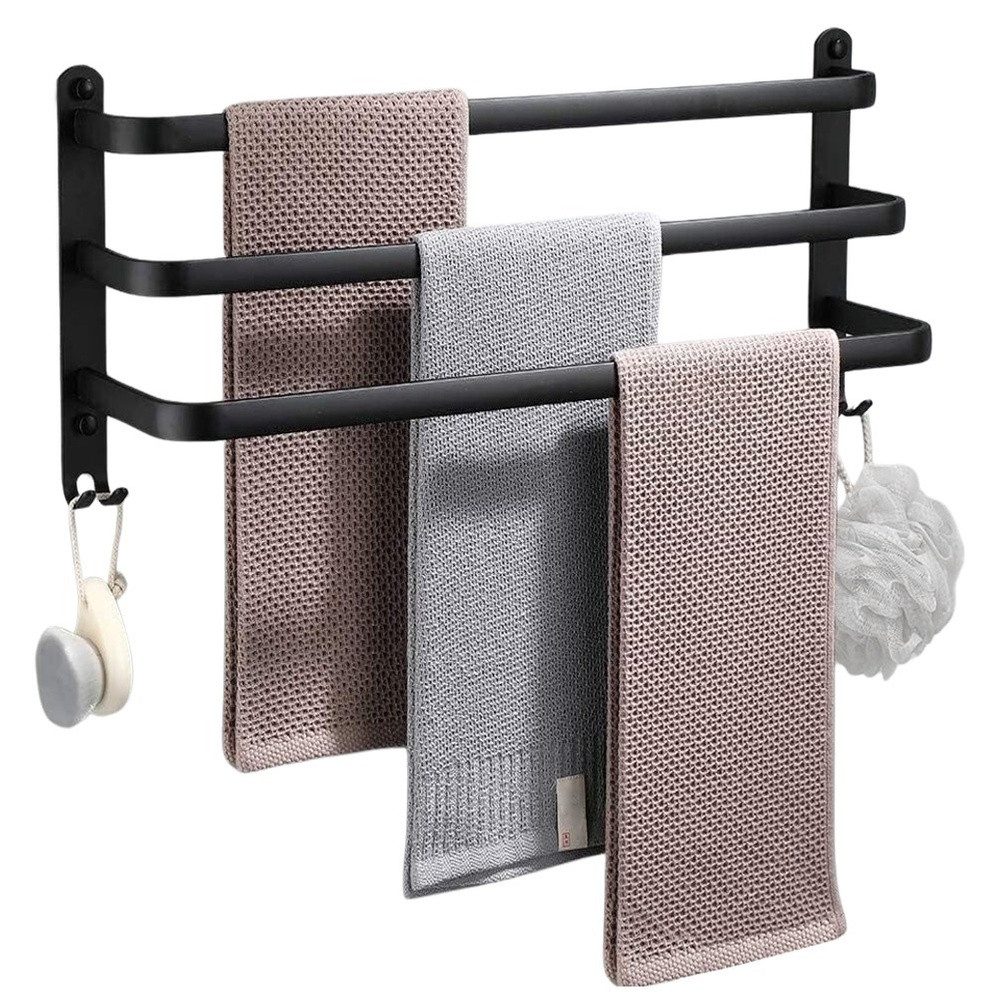 Vilde Handtuchhalter Mit drei Stangen und vier Haken in Schwarz aus Aluminium 40cm, für Badezimmer Wandmontage Montagematerial enthalten
