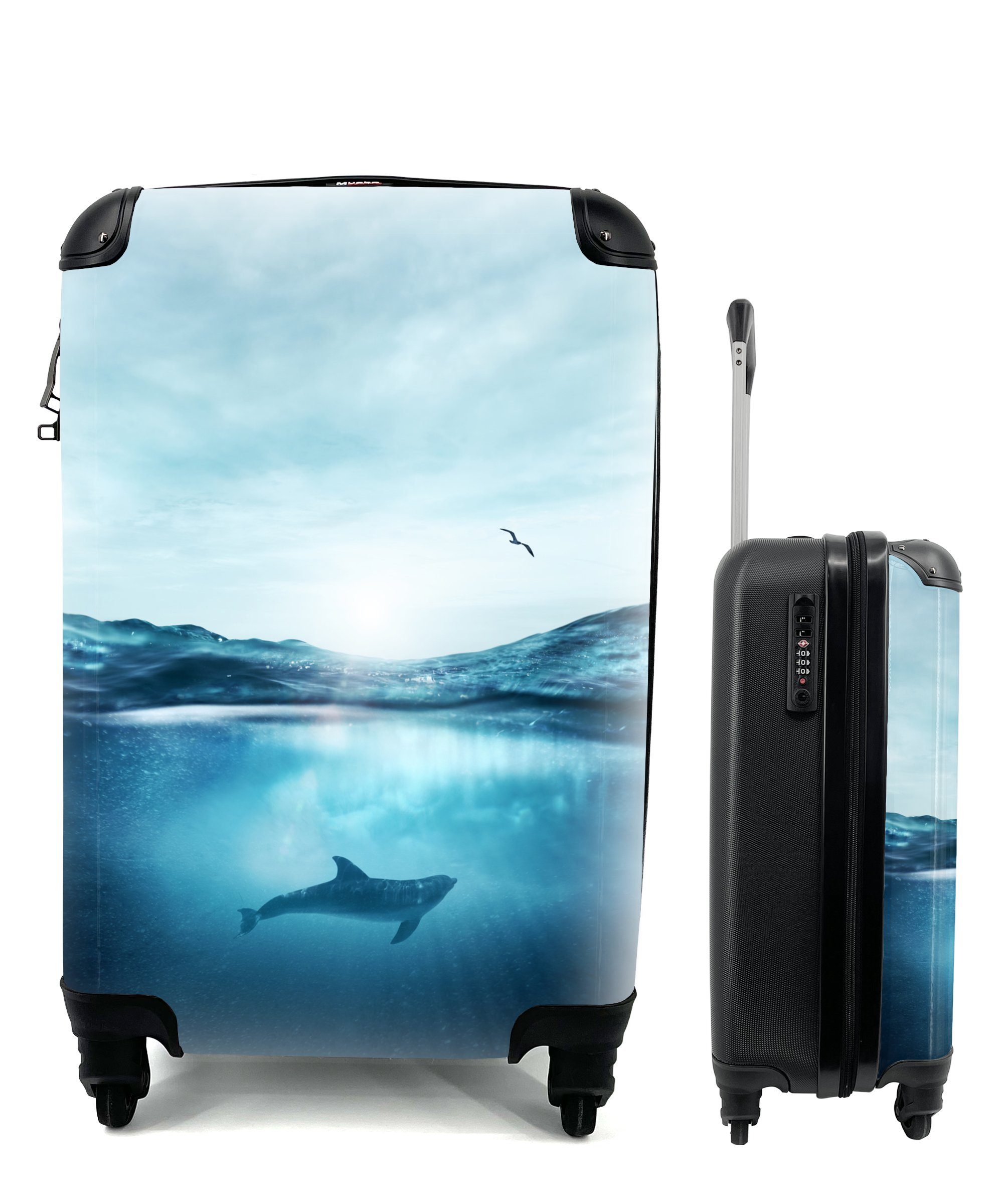 MuchoWow Handgepäckkoffer Delfin - Meer - Vogel, 4 Rollen, Reisetasche mit rollen, Handgepäck für Ferien, Trolley, Reisekoffer