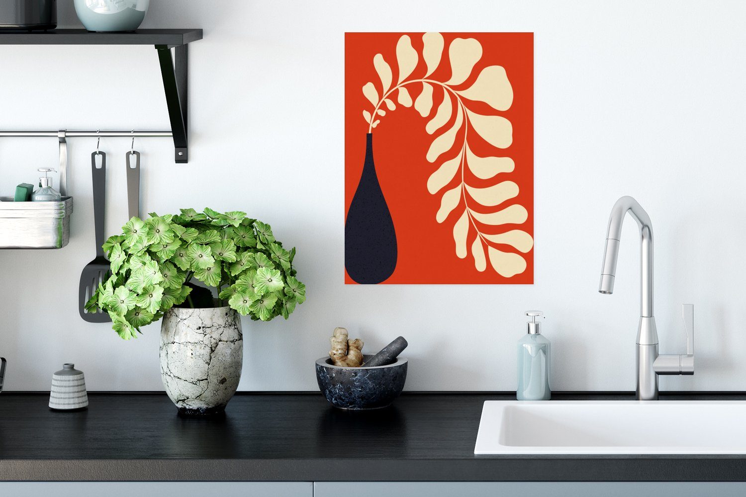 für Wohnzimmer, Poster Poster, - Ohne MuchoWow Rahmen (1 Wandposter Blume - Rot, St), Wandbild, - Pflanze Vase
