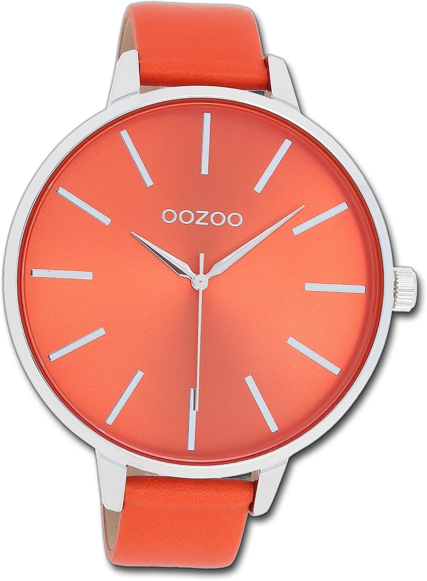 OOZOO Quarzuhr Oozoo Damen Armbanduhr Timepieces, Damenuhr Lederarmband  orange, rundes Gehäuse, extra groß (ca. 48mm)