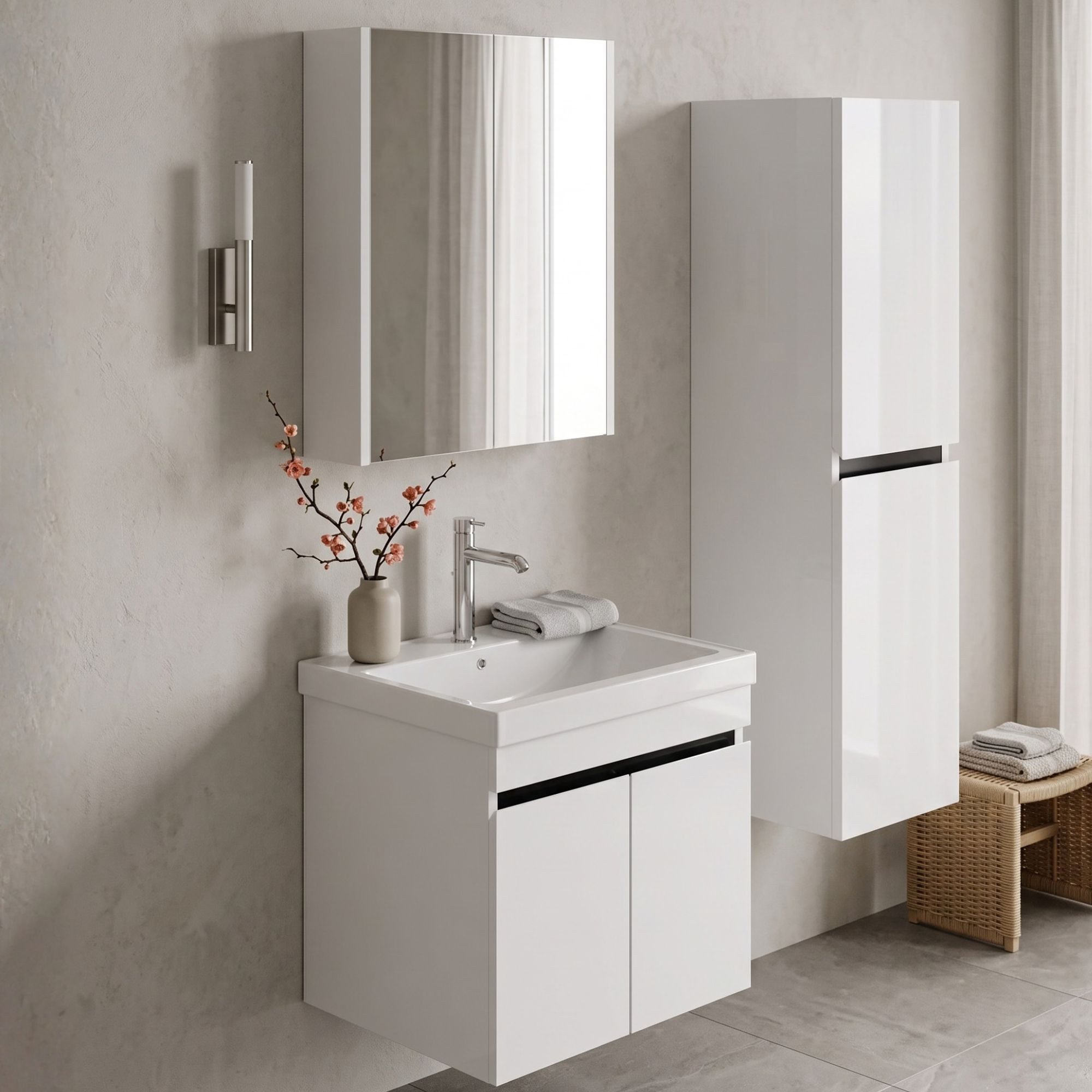 Karen Badmöbel-Set Badmöbel Set Venus, (Komplett-Set, Standartmäßig 3-Teilig (Unterschrank, Spiegelschrank, Waschbecken), Optionaler Hochschrank, 3-St., Unterschrank mit Türen, Spiegelschrank mit Türen & Regalen), Futuristisches Design, Highgloss-Beschichtung, Softclose, Griffleisten