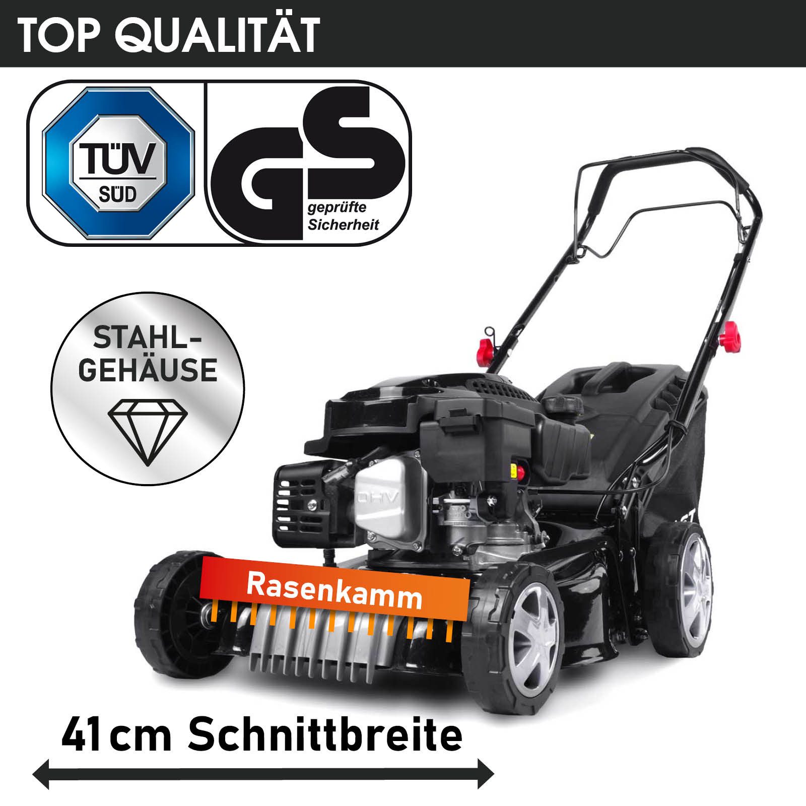 BRAST Benzinrasenmäher Radantrieb mit Antrieb 3,0kW (4,1PS), 41 cm Schnittbreite, TÜV geprüft, 4 Takt OHV Motor, 40L Fangkorb