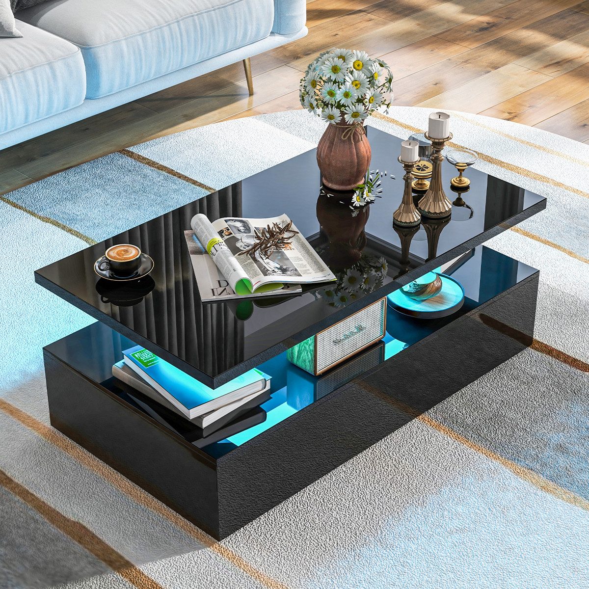 COSTWAY Couchtisch, mit LED 20 Farben, Sofatisch mit Stauraum hochglanz, 11 günstig online kaufen