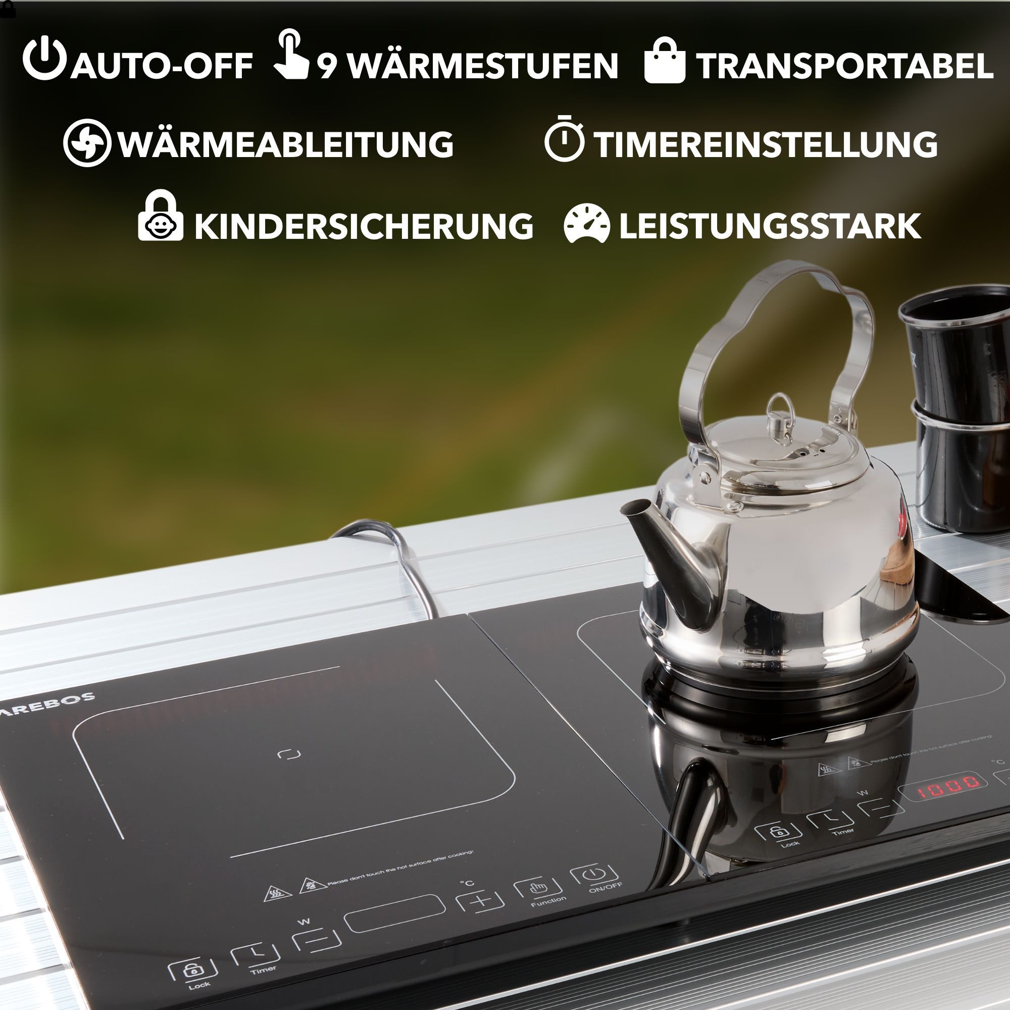 Arebos Doppel-Induktionskochplatte 3500W, 2 Kochzonen mit Touch-Display & Timer Überhitzungsschutz, Alle induktionsgeeigneten Kochutensilien