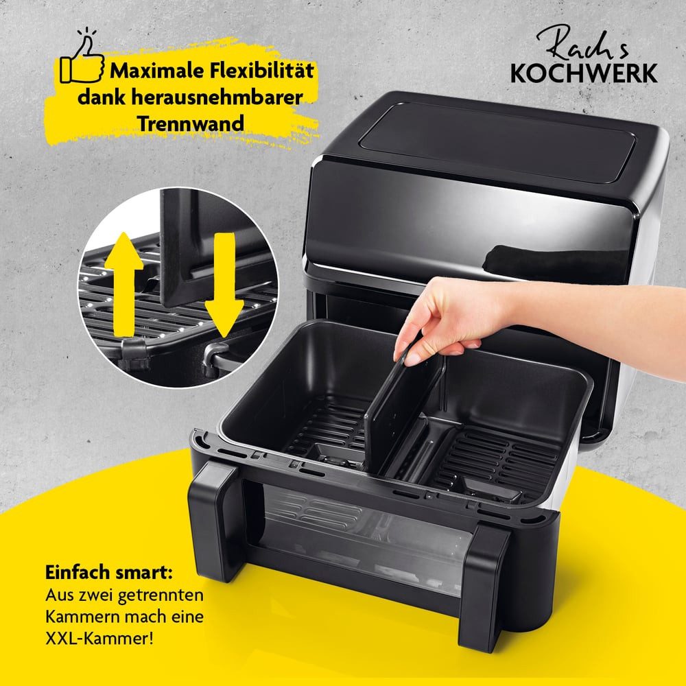 GOURMETmaxx Heißluftfritteuse Doppelkammer 9l 8 Programme, 2700 W, Airfryer Frittieren Backen Speisen ohne Öl fettarm 2700W Smart-Cook