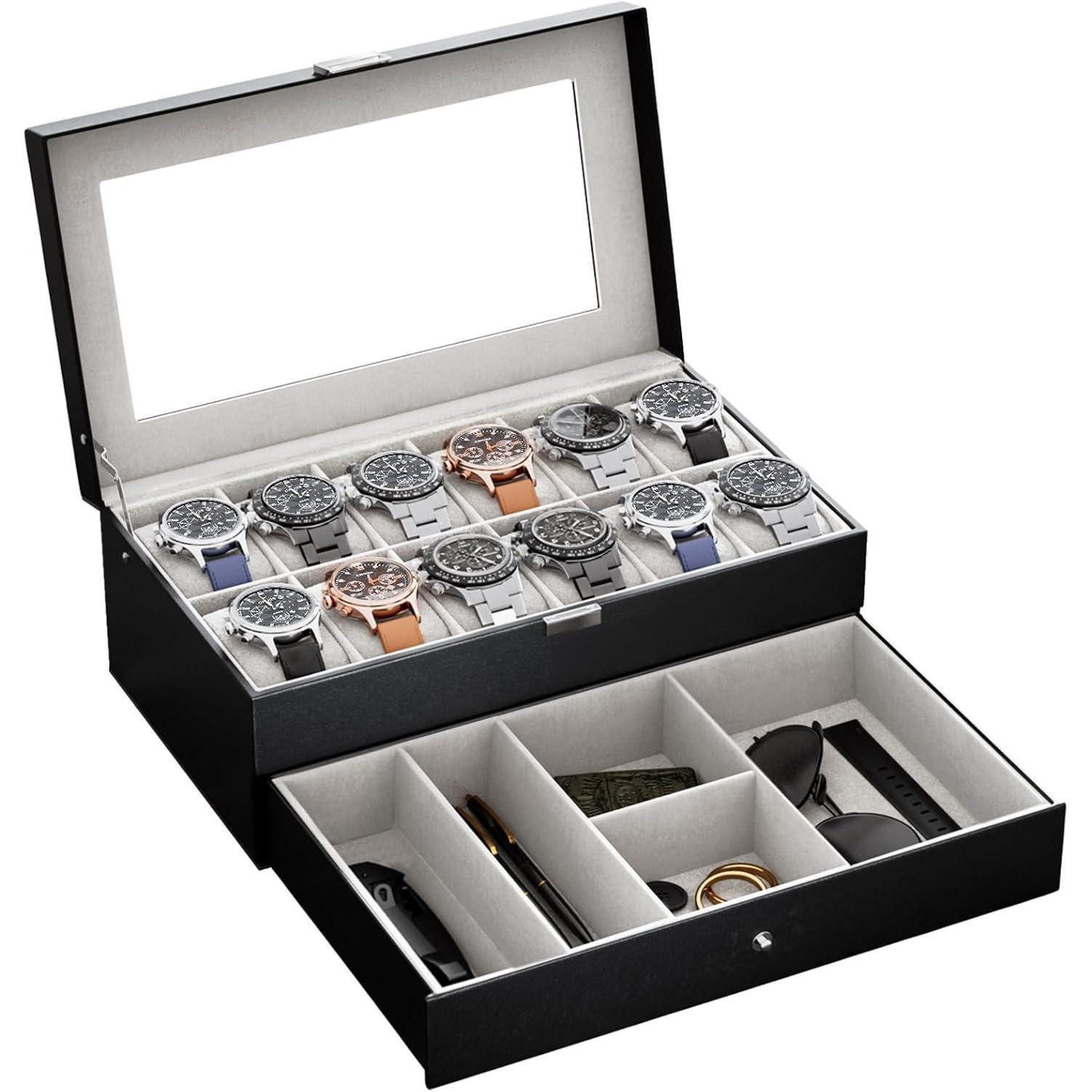 LuxusKollektion Uhrenbox Uhrenbox mit 12 Fächern Glasdeckel 2 Ebenen Uhrenkoffer Schwarz