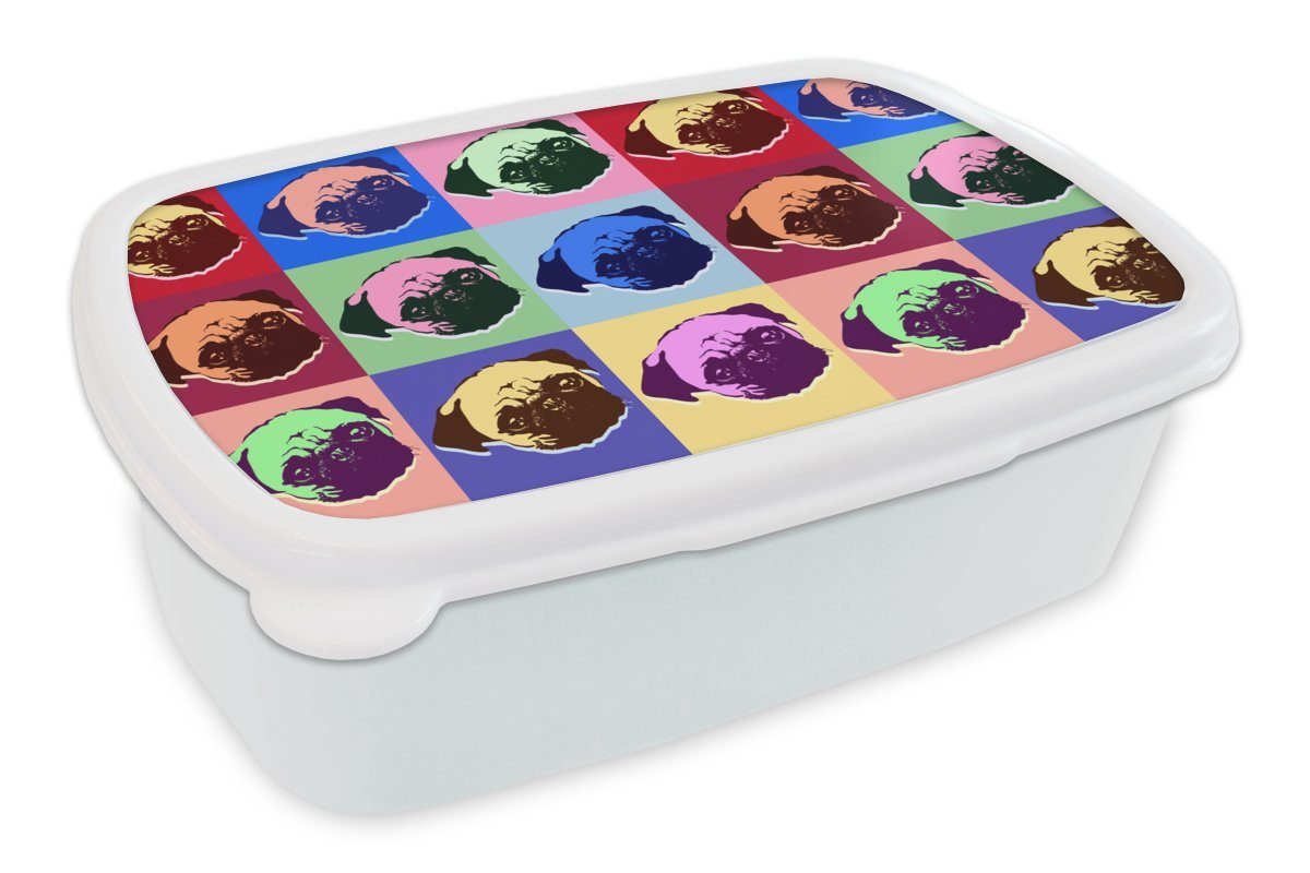 MuchoWow Lunchbox Muster - Hund - Mops - Jungen - Mädchen - Kinder - Kinder, Kunststoff, (2-tlg), Brotbox für Kinder und Erwachsene, Brotdose, für Jungs und Mädchen weiß