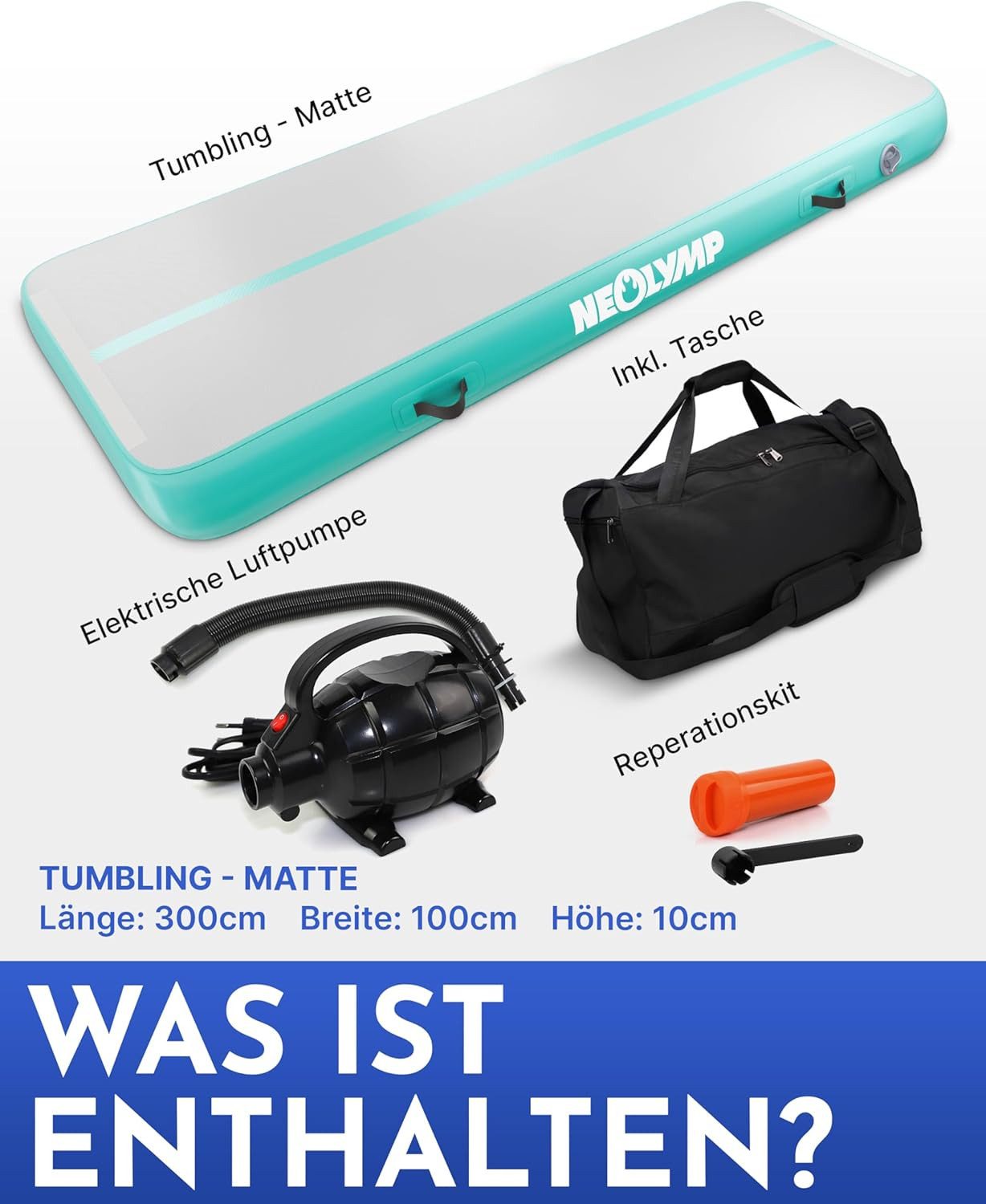 NEOLYMP Turnmatte Air Matte Track - Tumbling Matte 3m - Turnmatte Kinder & Erwachsene (Turnmatte mit Luftpumpe, Reparaturset & Tasche und Aufbauanleitung), Rutschfeste Gymnastikmatte - Sportmatte mit Luftpumpe, Reparaturset