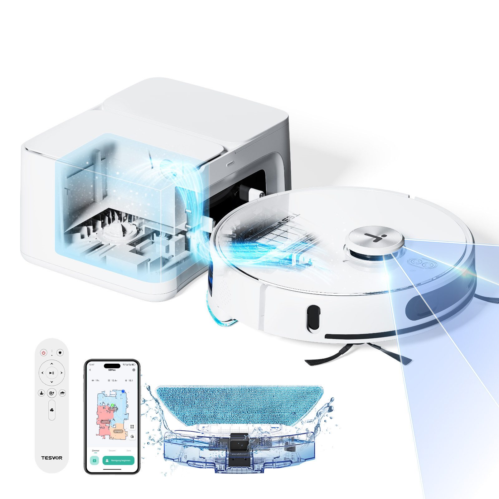 Tesvor Вакуумный робот saugroboter mit wischfunktion selbstreinigend, 8000Pa, 240min,30 Tage, 5 große 2.5L-Staubbeutel, Mit Absaugstation Mit Staubbox Mit Wassertank