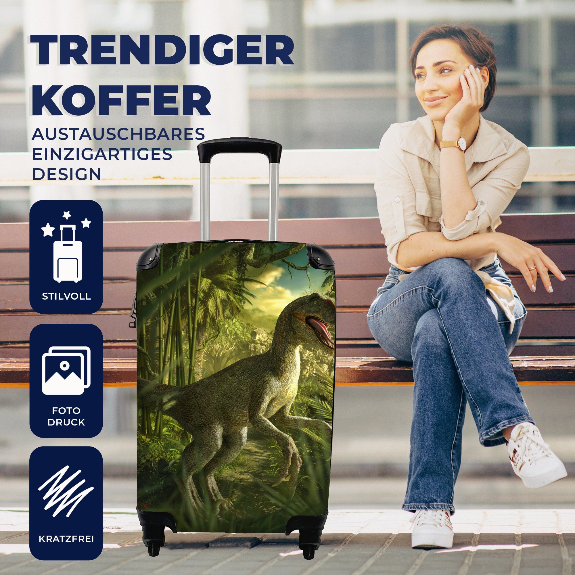 MuchoWow Handgepäckkoffer Dinosaurier - Pflanzen - Grün - Illustration - Kinder - Jungen, 4 Rollen, Reisetasche mit rollen, Handgepäck für Ferien, Trolley, Reisekoffer