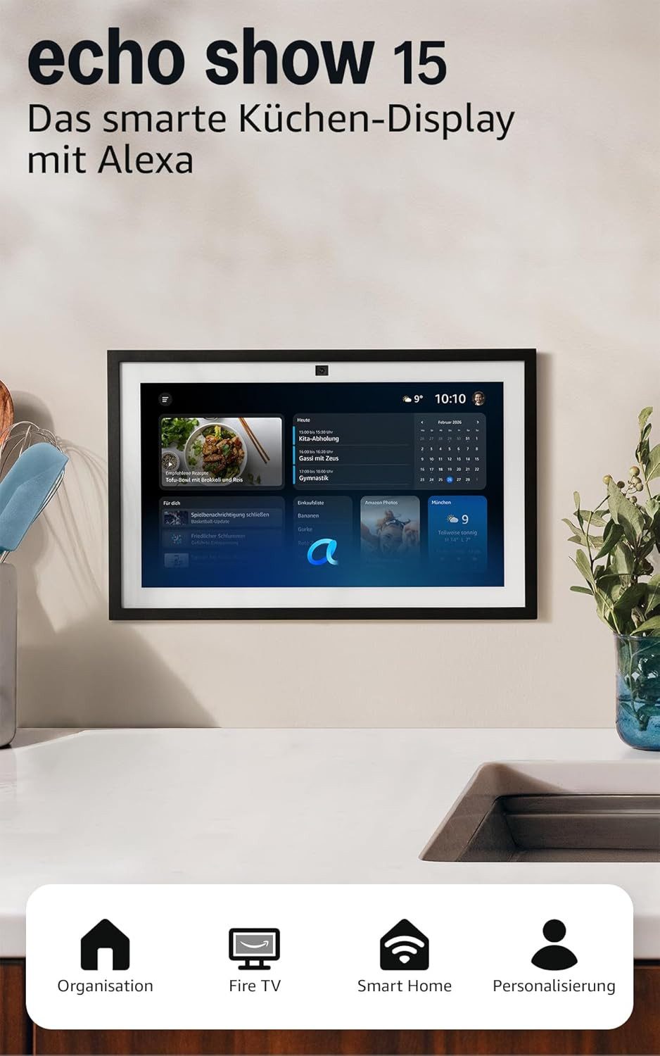 Amazon Echo Show 15 + Fernbedienung (Neueste Generation) mit Fire TV Lautsprecher (WLAN (WiFi), Bluetooth, 15,6-Zoll-Smart-Display, Full HD, Sprachsteuerung)