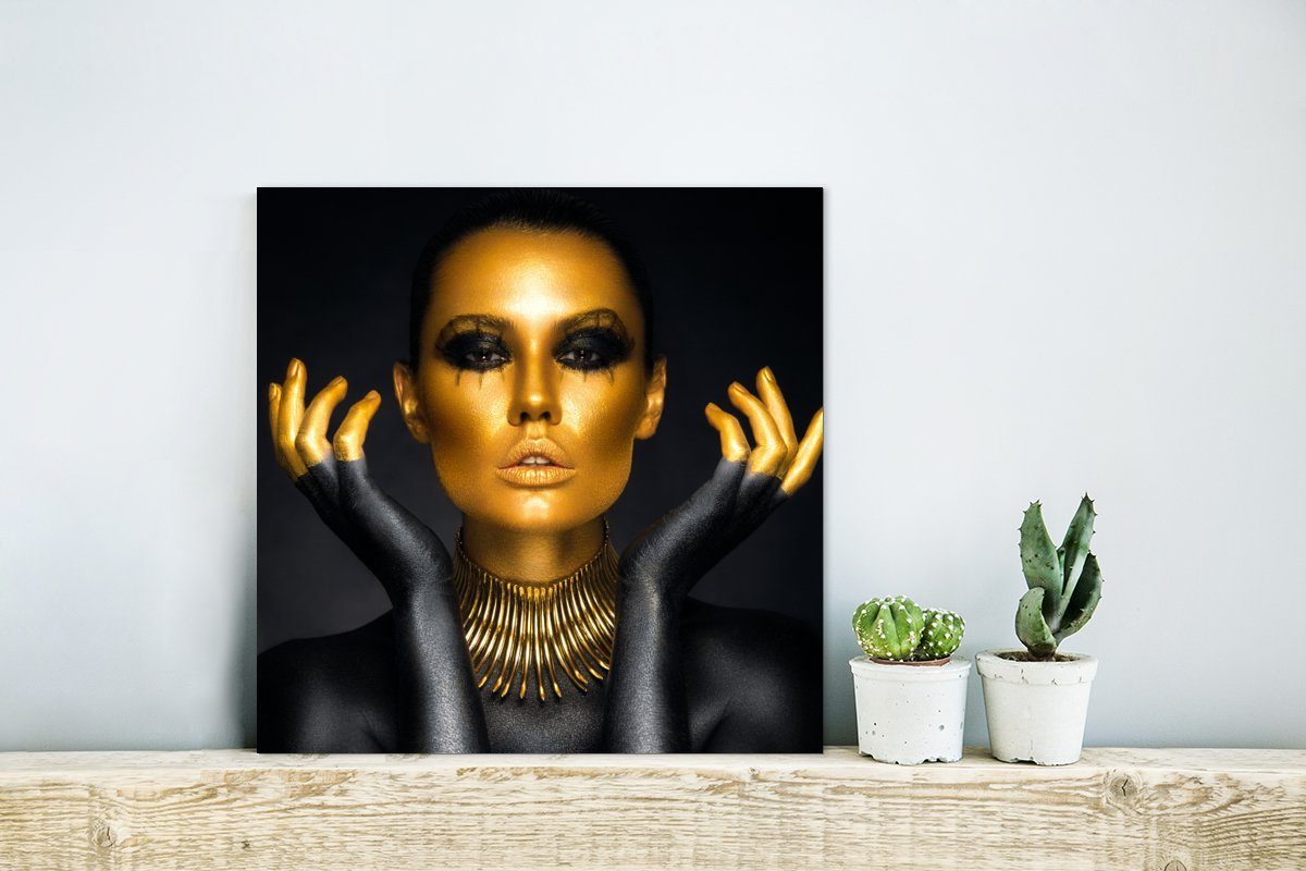 MuchoWow Metallbild Frau - deko Alu-Dibond-Druck, Gemälde Gold - (1 Schwarz, aus Luxus Aluminium Metall, - - Porträt St)