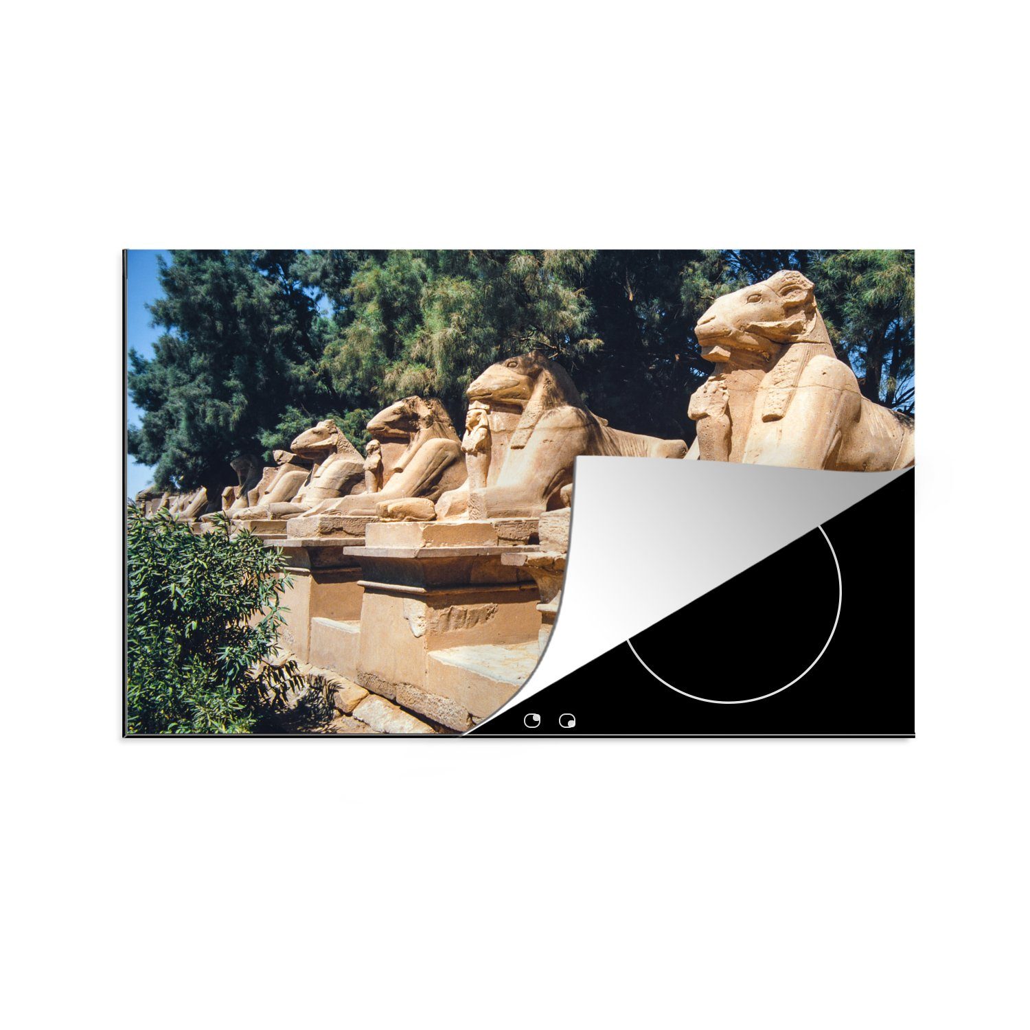 Vinyl, cm, von MuchoWow (1 Löwen der tlg), 81x52 Herdblende-/Abdeckplatte in Karnak, für eines Induktionskochfeld küche, Tempelanlage die Ceranfeldabdeckung Statuen Schutz
