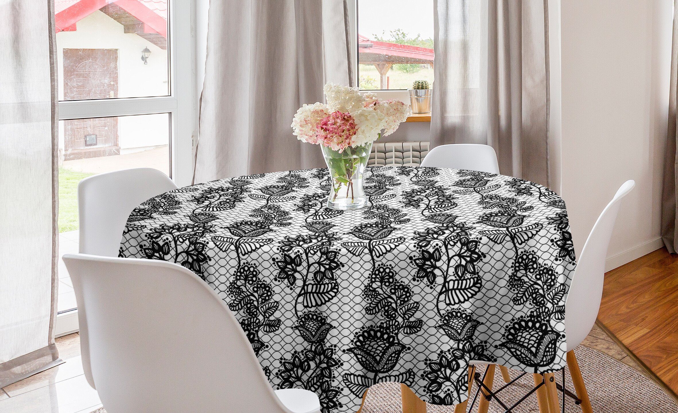 Abakuhaus Tischdecke Kreis Tischdecke Abdeckung für Esszimmer Küche Dekoration, Schwarz-Weiss Lace-Art-Blumen