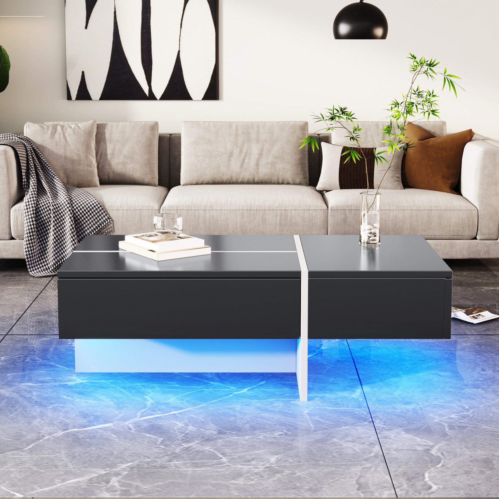 Ulife Couchtisch mit App-gesteuertem LED-Beleuchtungssystem, 100x50x34,5cm (1-St), Wohnzimmermöbel, Hochglanz, Struktur aus schwarzem Marmorimitat