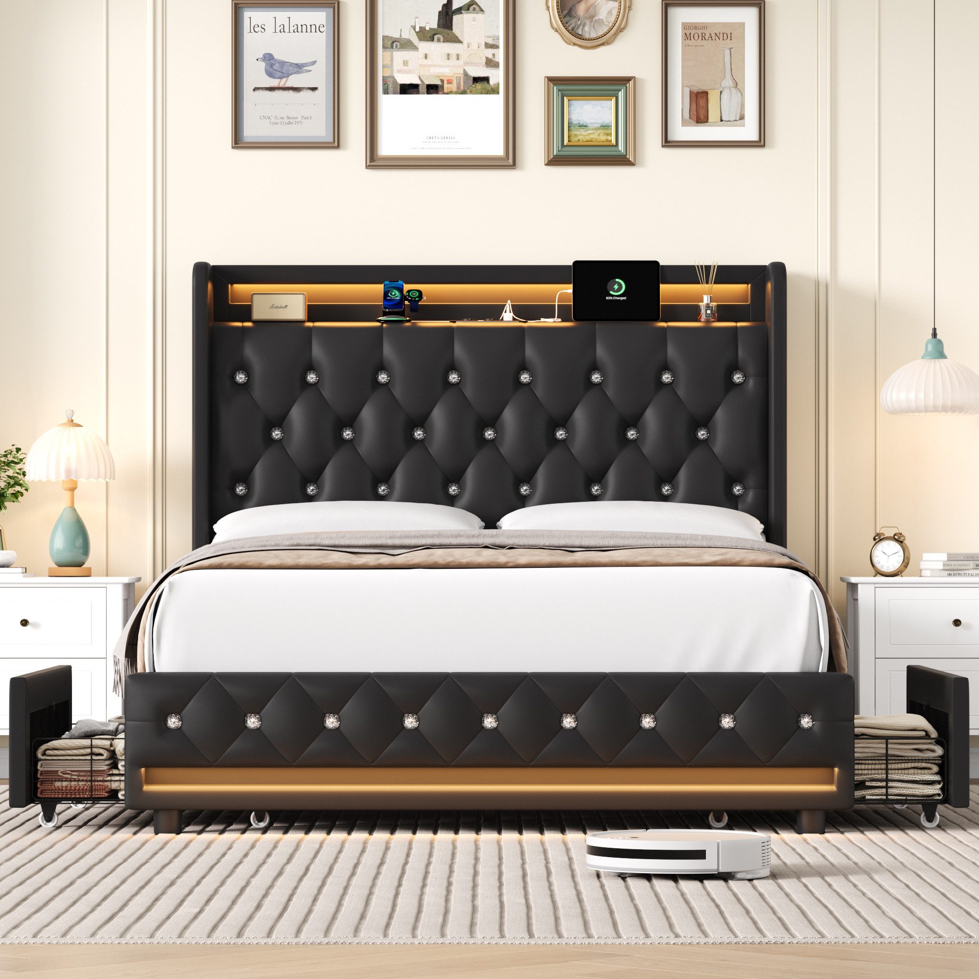 Homfa Polsterbett Bett 140x200 Bettgestell Doppelbett, mit Ladefunktion und 4 Schubladen, LED-Beleuchtung, ohne Matratze