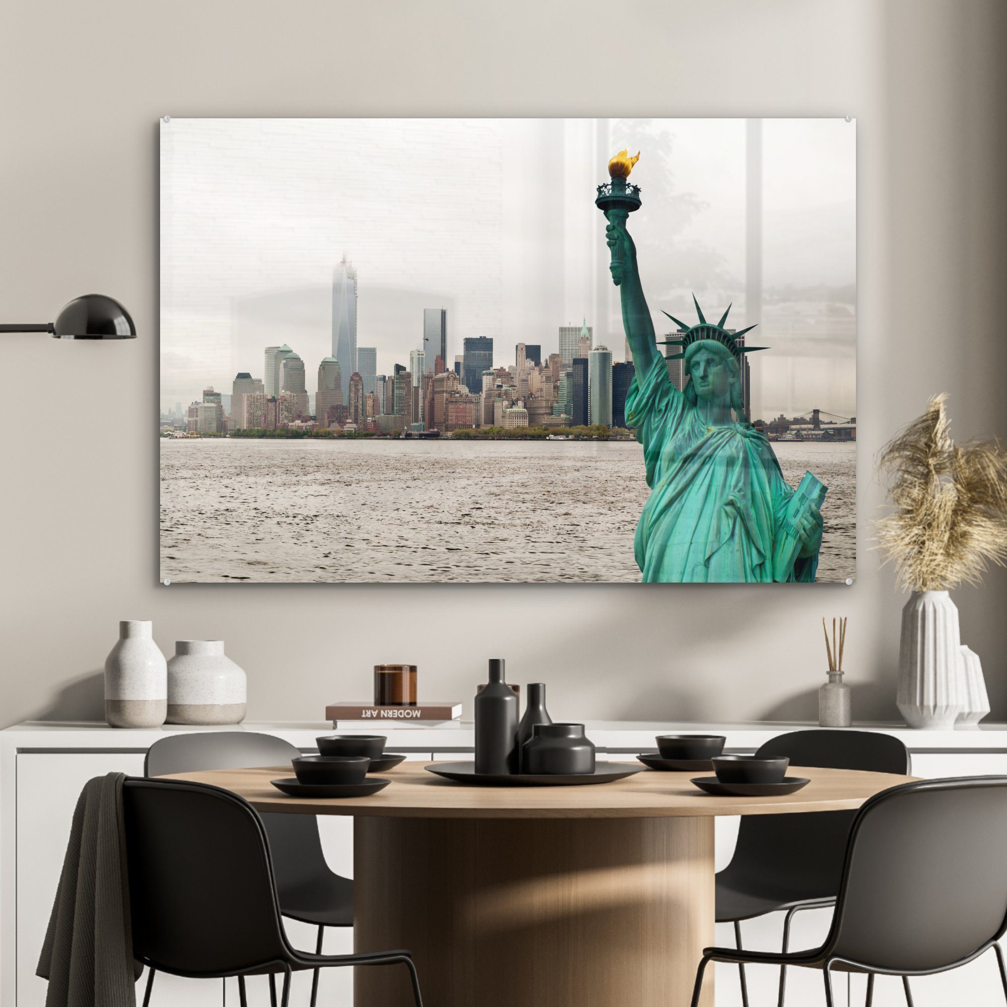 von York (1 Der New MuchoWow bei Acrylglasbilder die Freiheitsstatue Horizont Schlafzimmer in, & Manhattan St), Wohnzimmer Acrylglasbild und