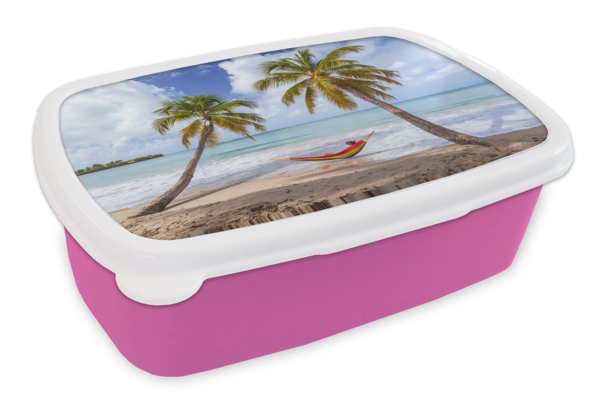 MuchoWow Lunchbox Strand - Palmen - Hängematte, Kunststoff, (2-tlg), Brotbox für Erwachsene, Brotdose Kinder, Snackbox, Mädchen, Kunststoff rosa