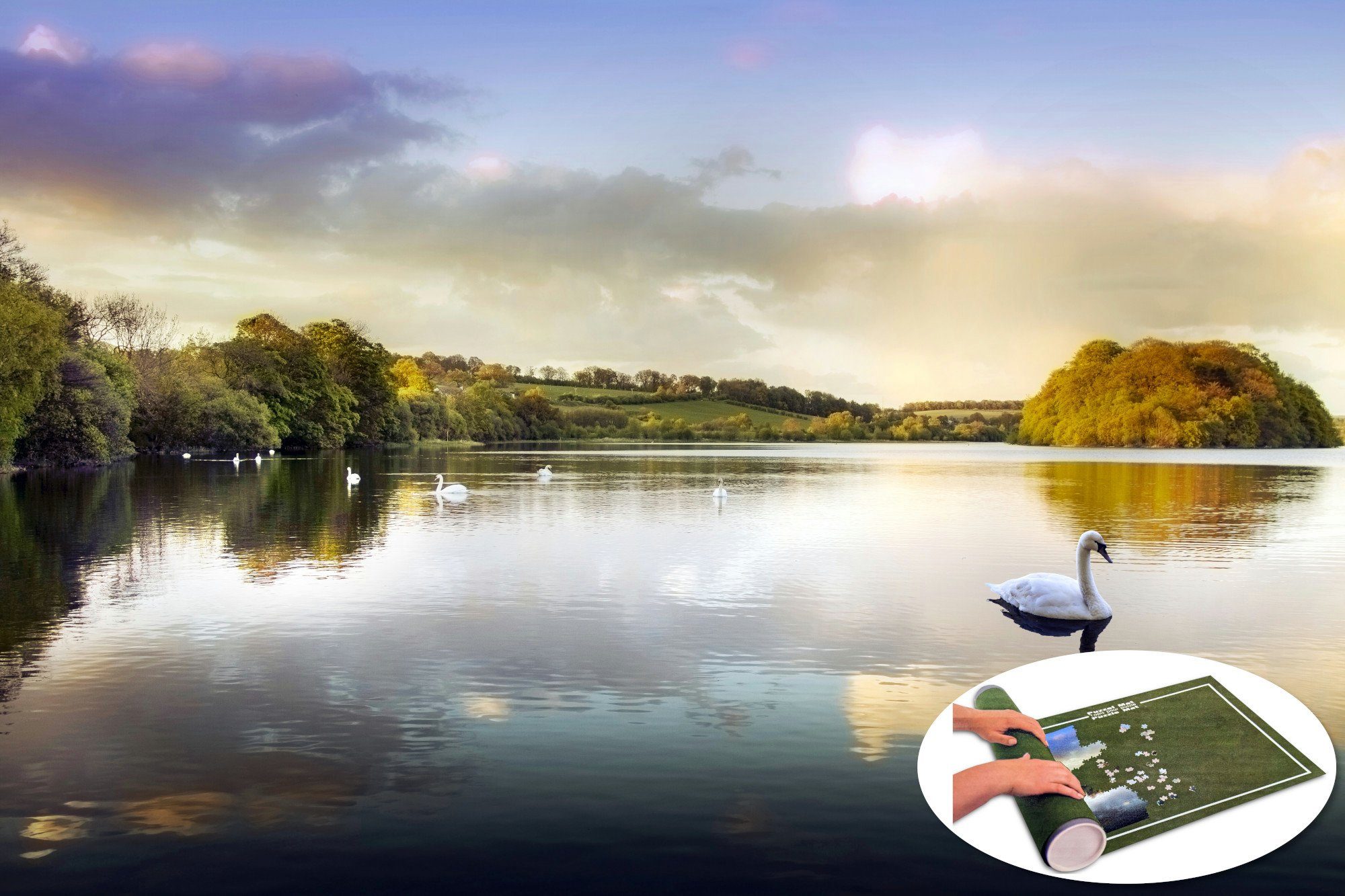 Euro Toys Europe Puzzle Puzzle inkl. Matte - Sunset on Swan Lake (1000 Teile), 1000 Puzzleteile