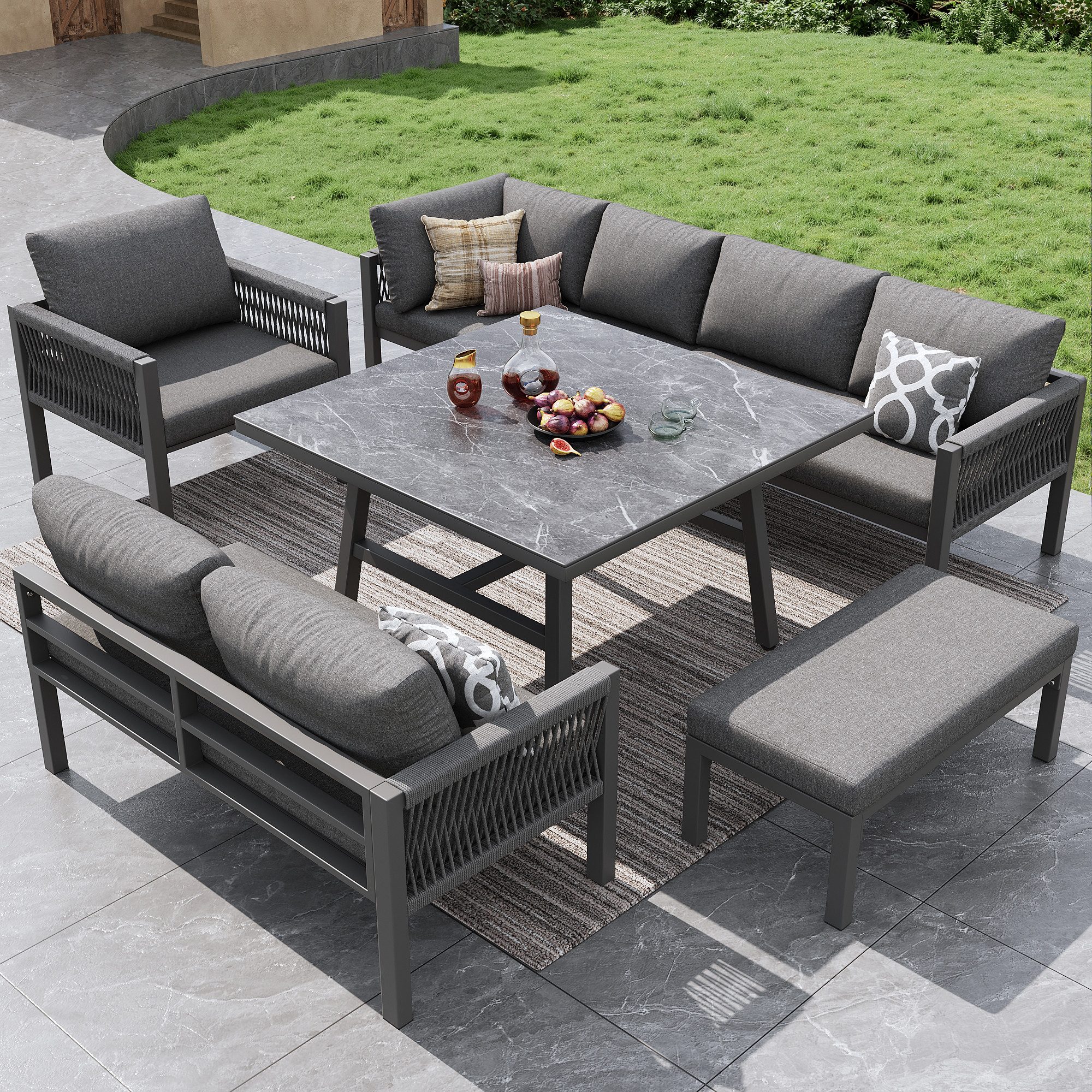 HAUSS SPOLE Gartenlounge-Set 8 Personen Garten Sofa Modulares Lounge Set Flexible L-Form Armlehnen, (Sessel-Sofa,Einzelsofa,Hocker,Tisch, Sessel 118×61×80cm,Sofa 65×61×80cm,Hocker 79×38×31cm,Tisch 80×80×70cm)