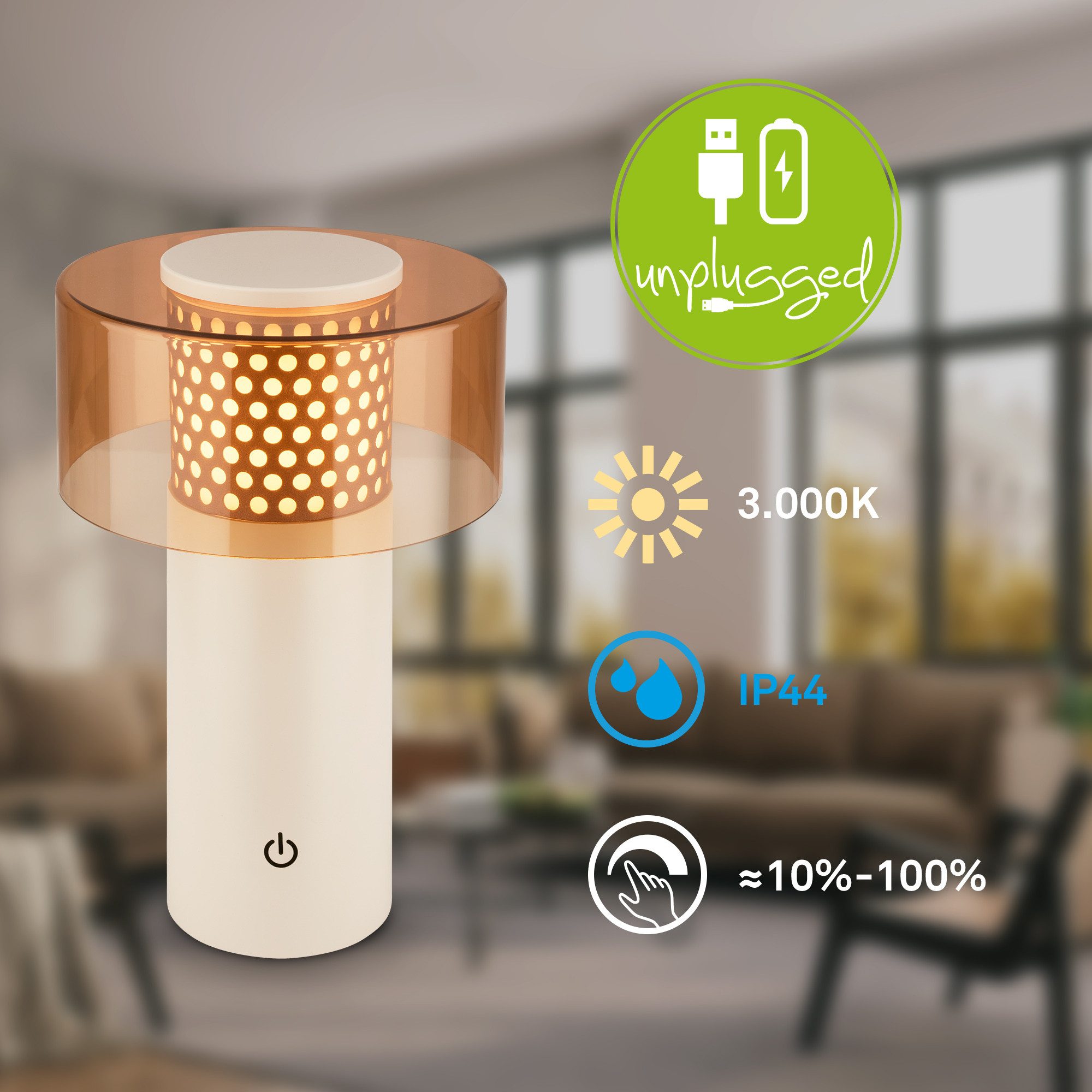 Briloner Leuchten LED Tischleuchte Akku Stufenlos dimmbar Touchfunktion Kabellos, LED fest integriert, Warmweißes Licht USB-C Ladung 150mm Durchmesser 190mm Höhe