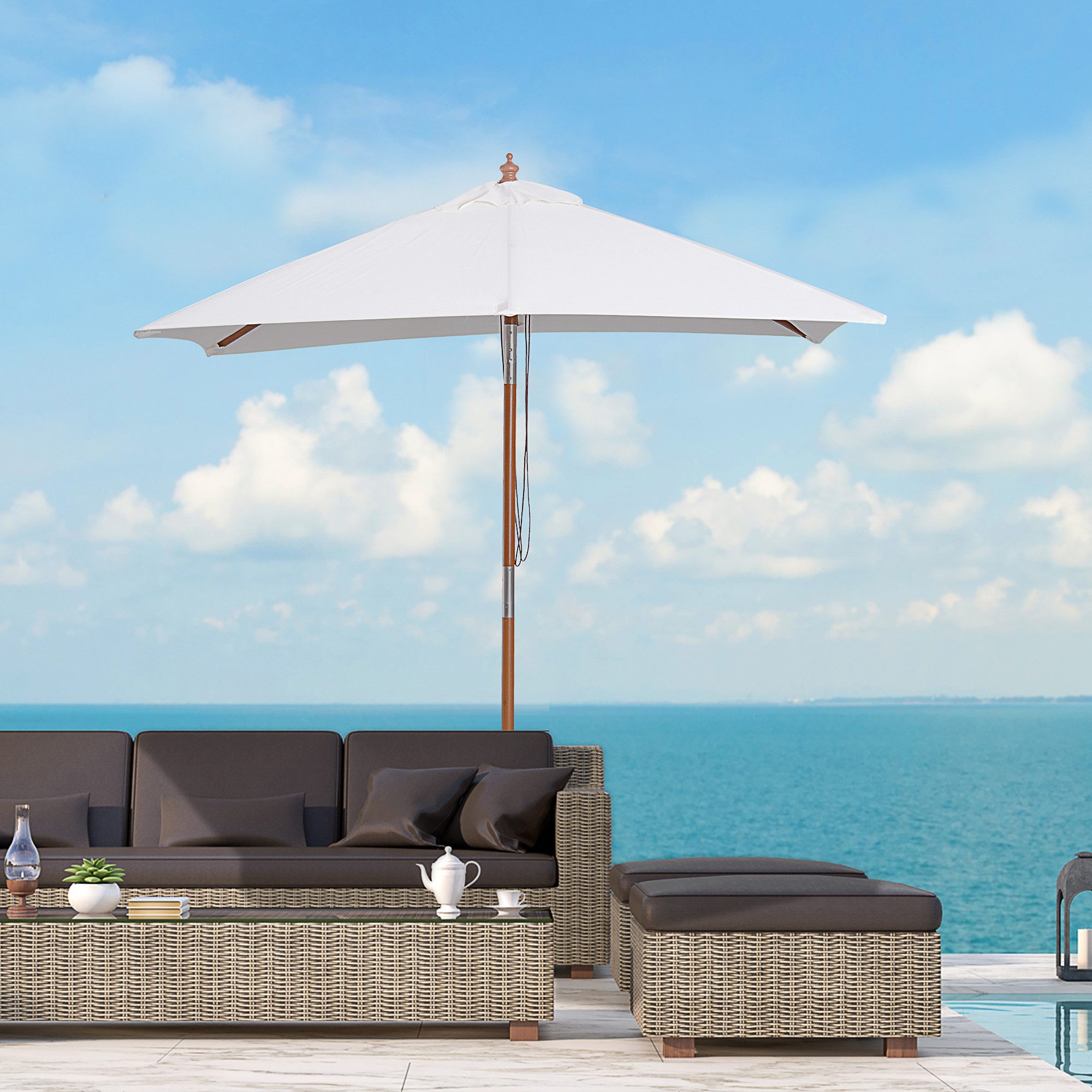 Outsunny Sonnenschirm Gartenschirm Strandschirm wasserabweisend UV-beständig cremeweiß, LxB: 200x150 cm, rechteckig Strandschirm, 3-stufig einstellbarer Schirm, Verstellbarer Neigungswinkel bis 45°