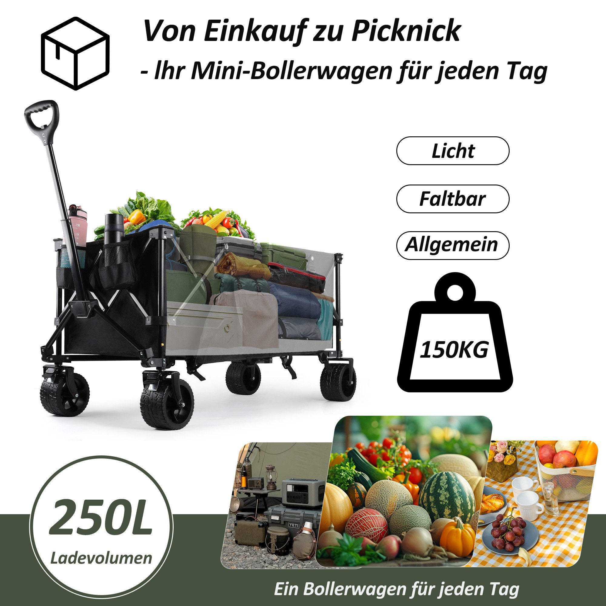 CALIYO Bollerwagen 250L 150KG mit EIN-klick-Handgriff 4-seitig zusammenfaltbar, Mit All-Terrain-Rädern und Bremse sicher verstaubar und stabil – Bild 5 von 5