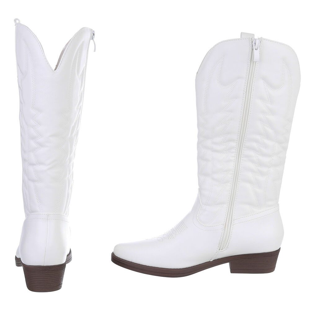 Ital-Design Elegante Damen-Stiefel mit Kunstvollem Design und Komfort Westernstiefel (90482531) Blockabsatz Flache Stiefel in Weiß – Bild 5 von 5