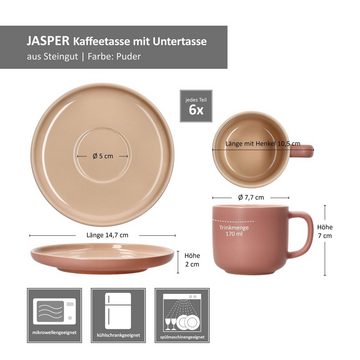 Ritzenhoff & Breker Tasse Ritzenhoff 6er Set Jasper Kaffeetassen mit Untertassen Puder, Steingut