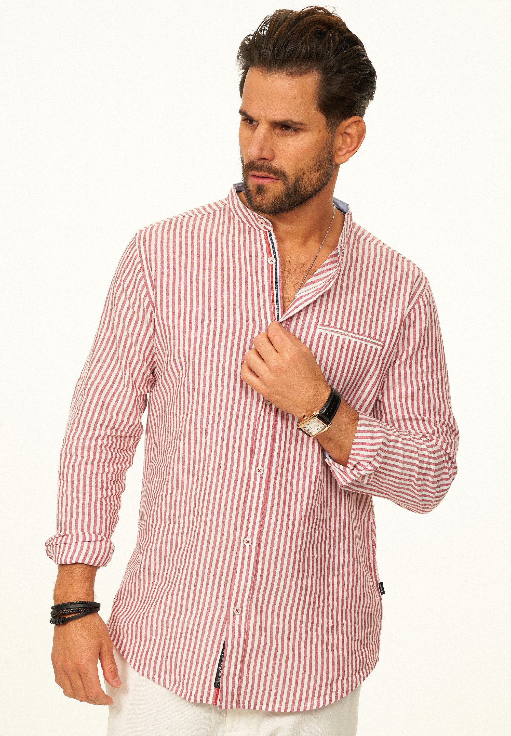 behype Langarmhemd Gestreift im Regular-Fit mit Stehkragen Herren Sommerhemd als Freizeithemd