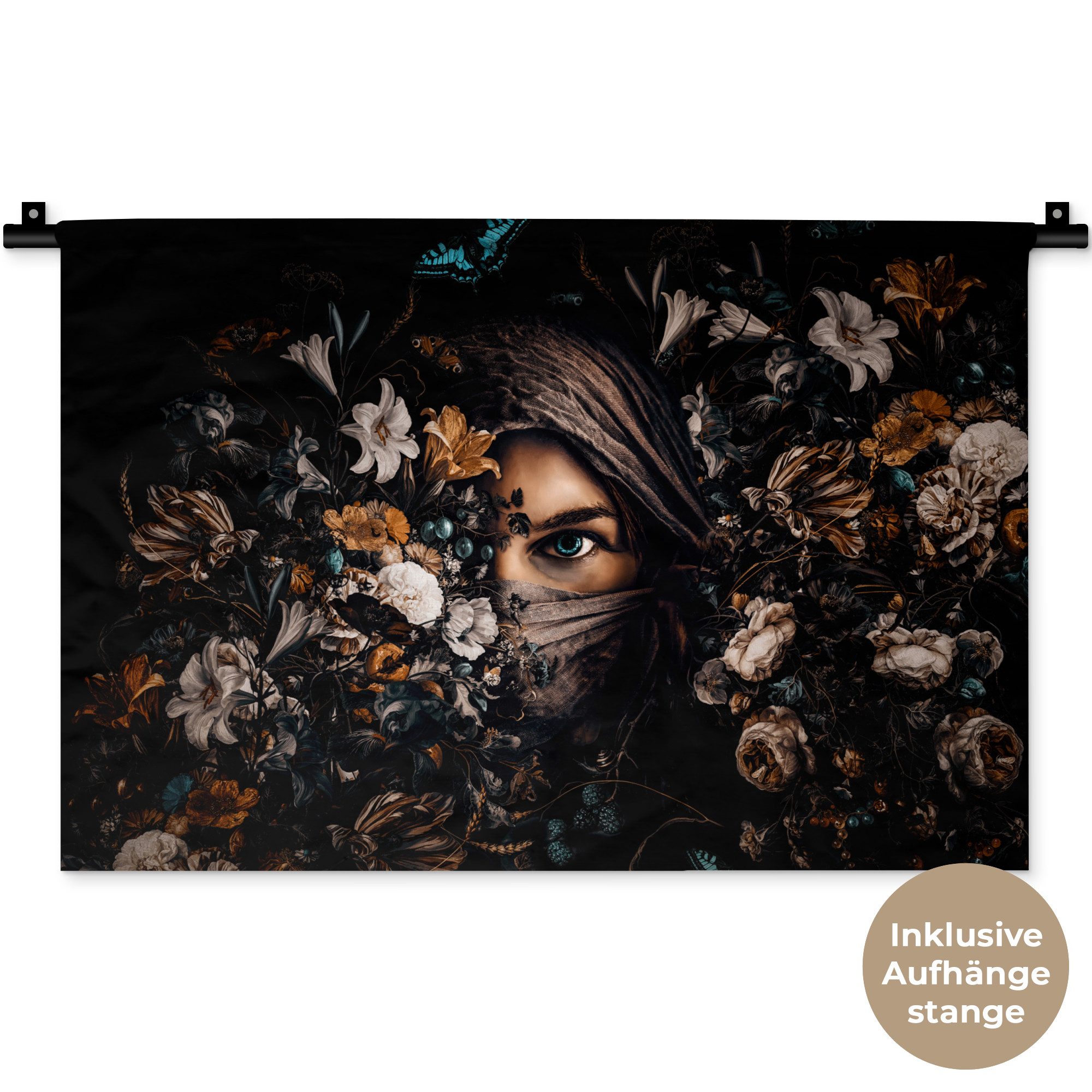 MuchoWow Wandteppich Frau - Luxus - Blumen - Schmetterling - Porträt, Rechteckig, Höhe: 3 mm, Wandteppich für Wohnzimmer, Schlafzimmer, 60x40 cm