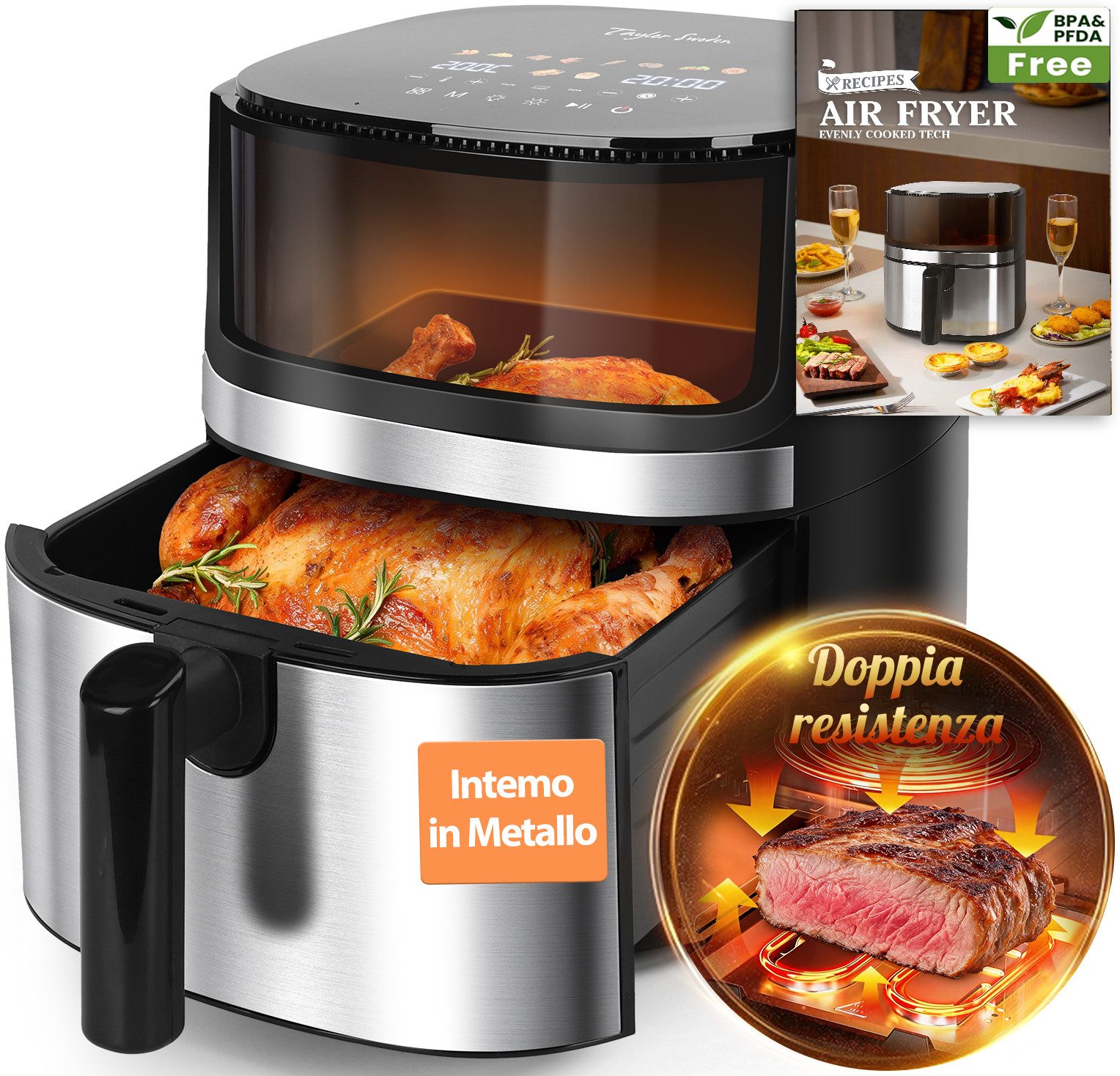 Aigostar Heißluftfritteuse, 2000 W, Sichtfenster, Digitalem Led Touchscreen, Spülmaschinenfeste Körbe