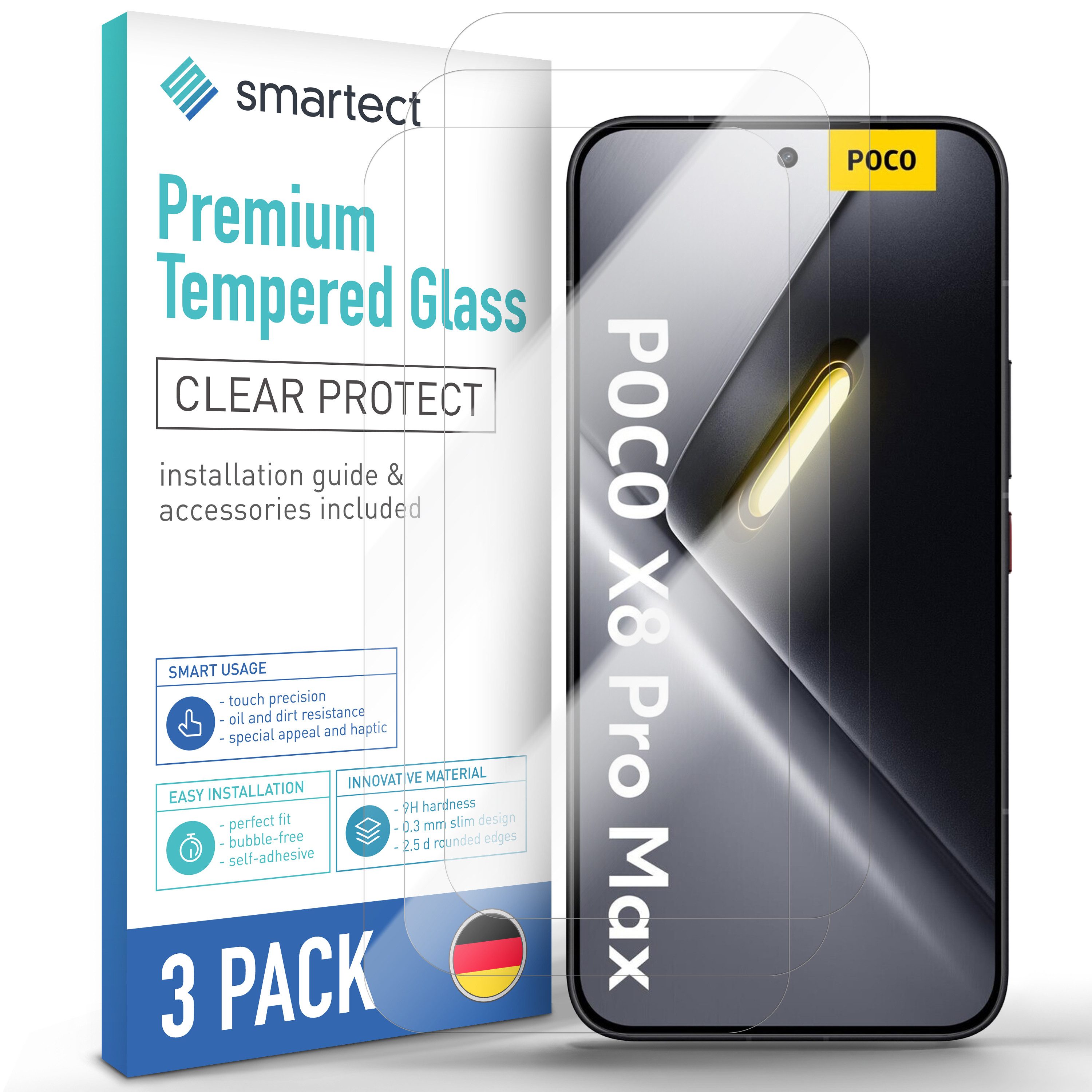 smartect Displayschutzglas 3X Schutzglas Panzerfolie Klar für Xiaomi Poco X8 Pro Max für Xiaomi Poco X8 Pro Max, Set, 3 Stück, 0.3 mm Ultra-klar, 9H Härte, Kratzfest, Stoßfest, Blasenfrei, Oleophob
