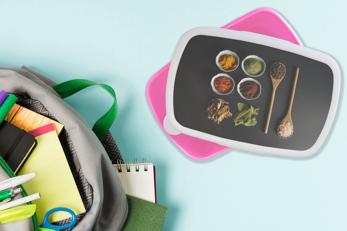 Kunststoff, für Brotbox - Mädchen, Schöpfkelle Grün Erwachsene, Gewürze Brotdose - Kunststoff - Rustikal, (2-tlg), Braun MuchoWow Snackbox, Kinder, - - Lunchbox rosa Kräuter