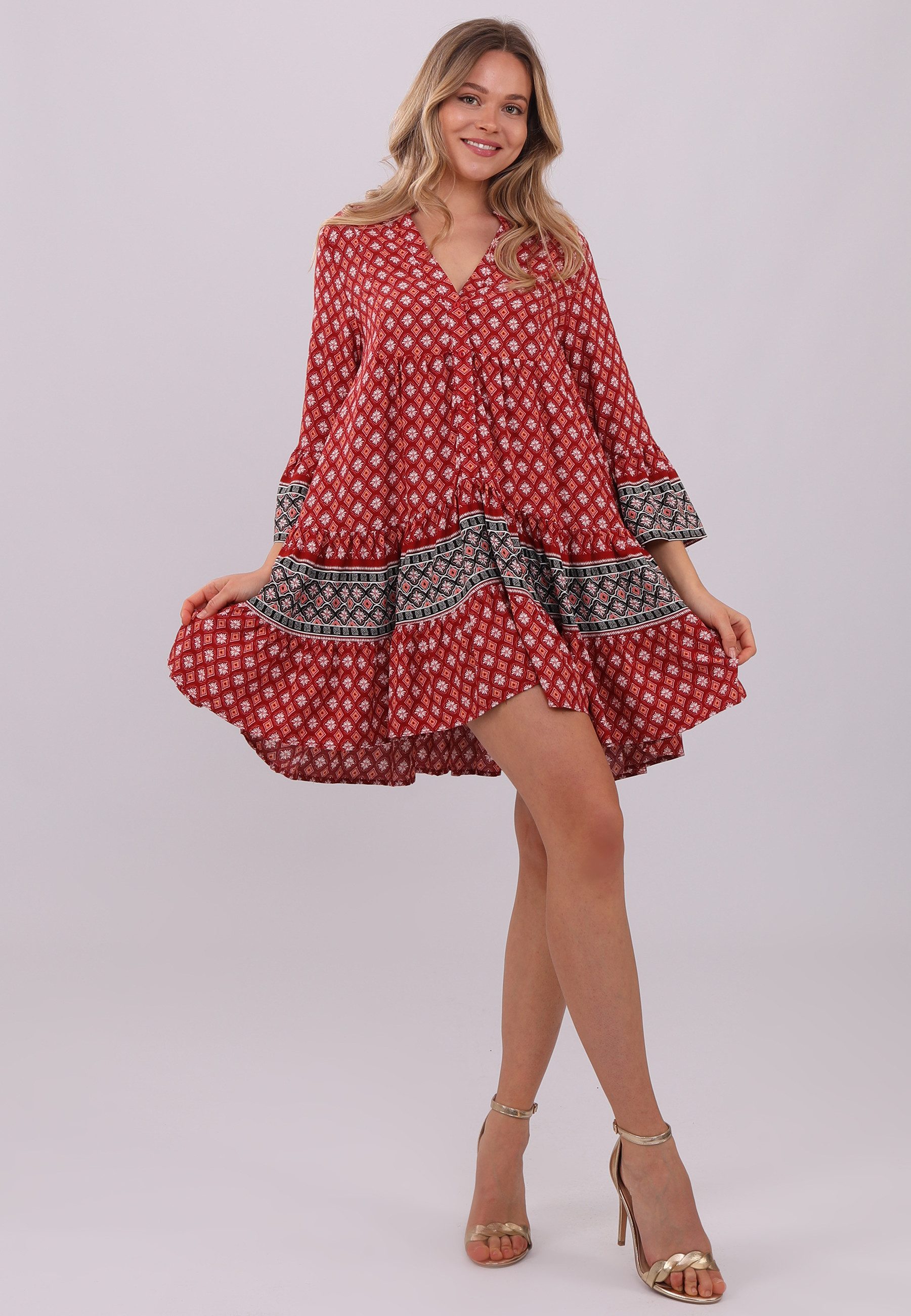 YC Fashion & Style Tunic Dress Dream Dress in Red with Ethnic Patterns All-Over Print