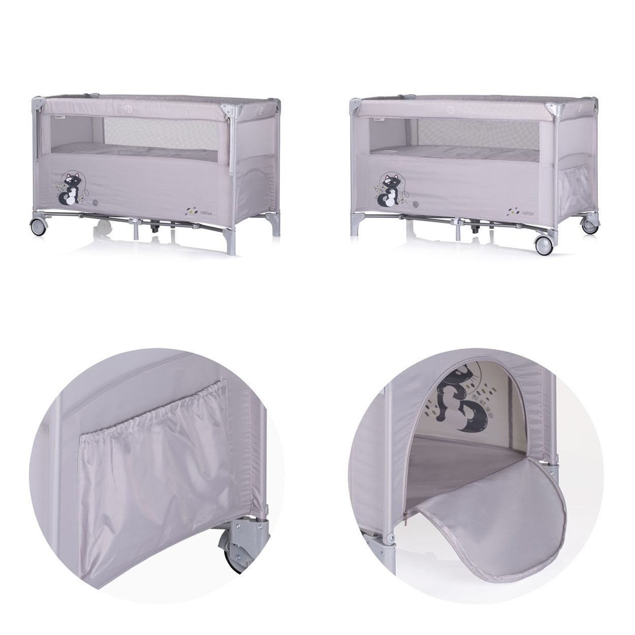 Chipolino Baby-Reisebett Reisebett Relax 2 Ebenen, Vorderseite absenkbar, Seiteneingang, Tasche