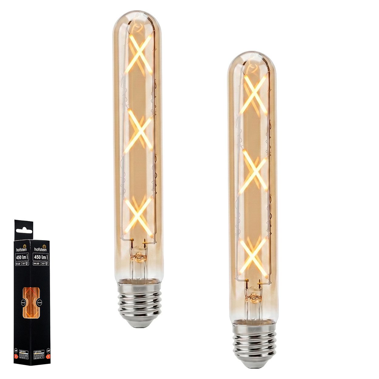 hofstein LED-Leuchtmittel 2er Set Glühbirne Extra Warmweiß dimmbar 5 Watt, 2200 Kelvin, 450 Lumen, Röhre Vintage, Filament, Amber