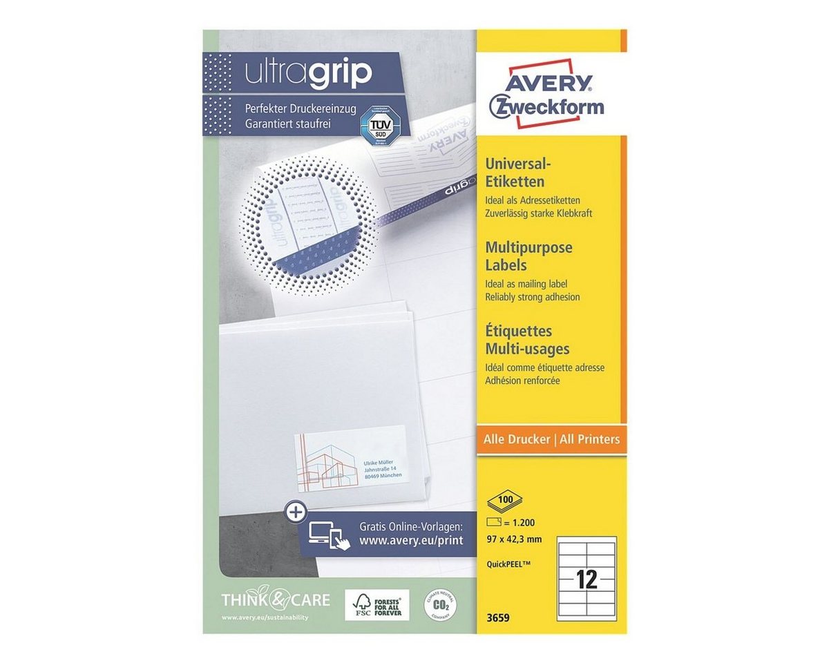 Thumbnail - Avery Zweckform Etiketten 3659, 1200 Stück, Adresse DIN lang (97 x 42,3 mm), selbstklebend