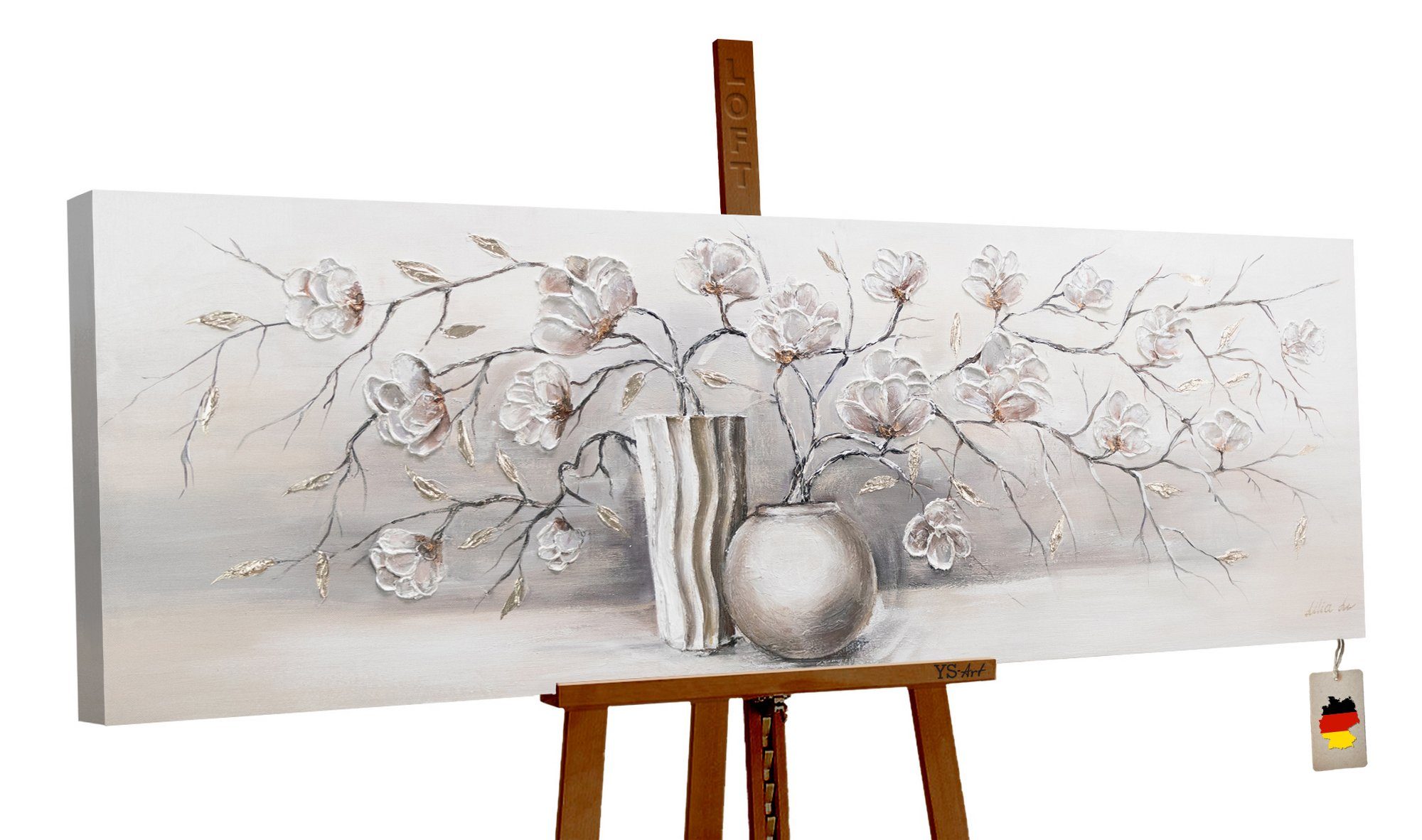 YS-Art Gemälde Stilleben, Vase Blumen Leinwand Bild Blumen, Silber