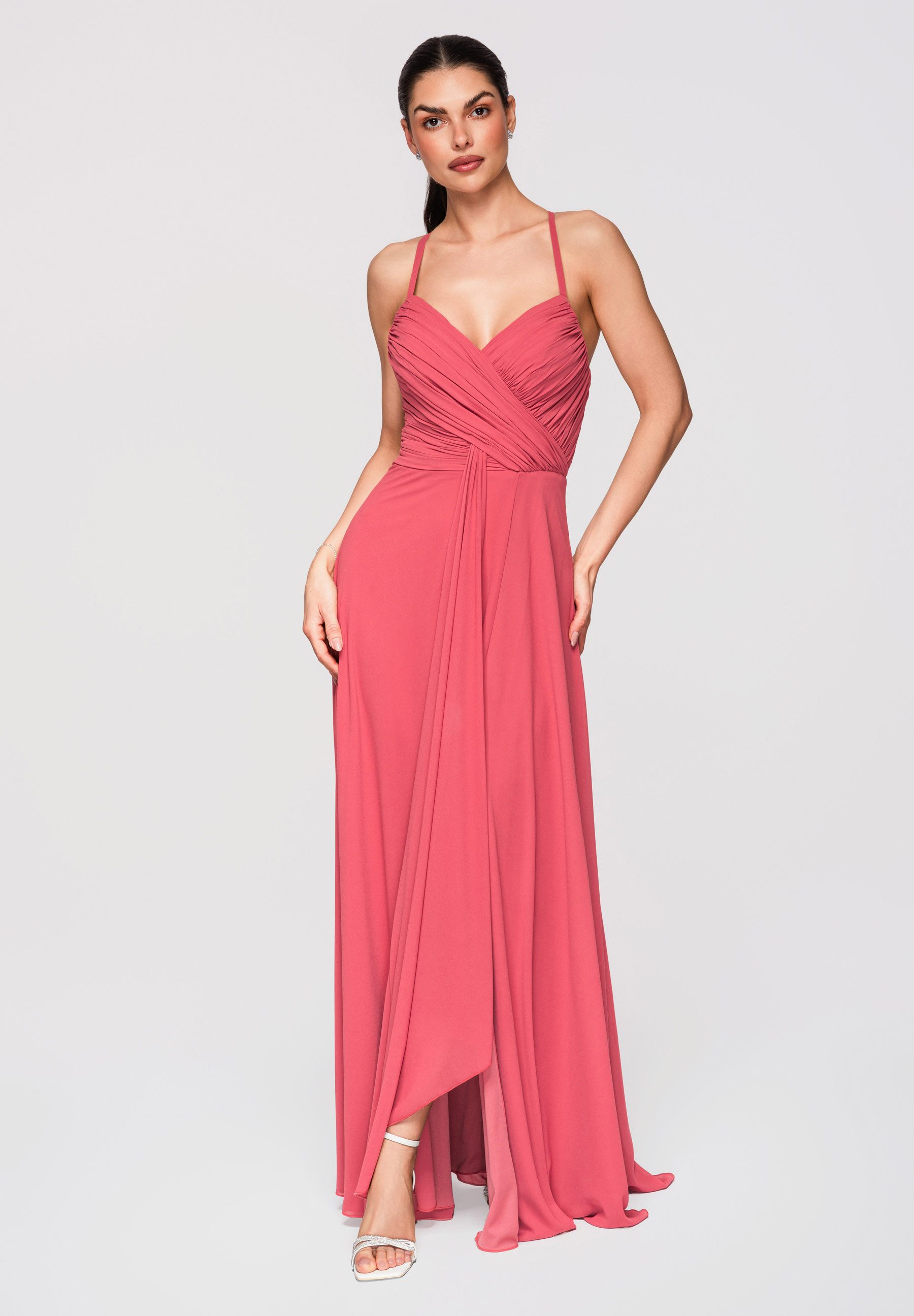 OMBRE Abendkleid Damen Maxikleid Chiffon Abendkleid Elegant Koralle M (kein Set, 1-tlg) Raffungen, Rückenausschnitt mit Schnürung