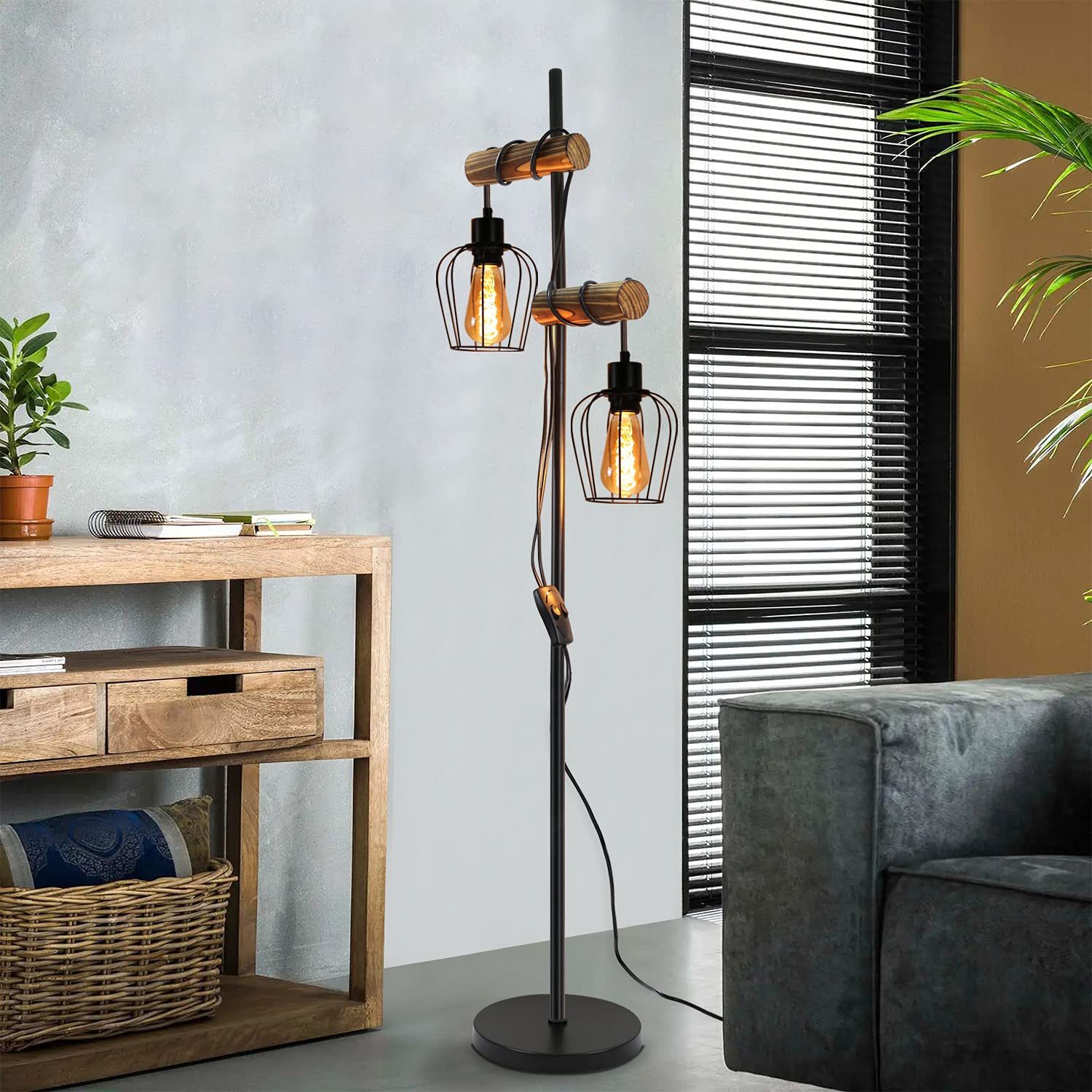 Nettlife Stehlampe Holz Vintage E27 2 Flammig Wohnzimmer Metall Schwarz Birne inklusive, mit Kippschalter, LED wechselbar, Stehleuchte für Wohnzimmer schlafzimm – Bild 3 von 5
