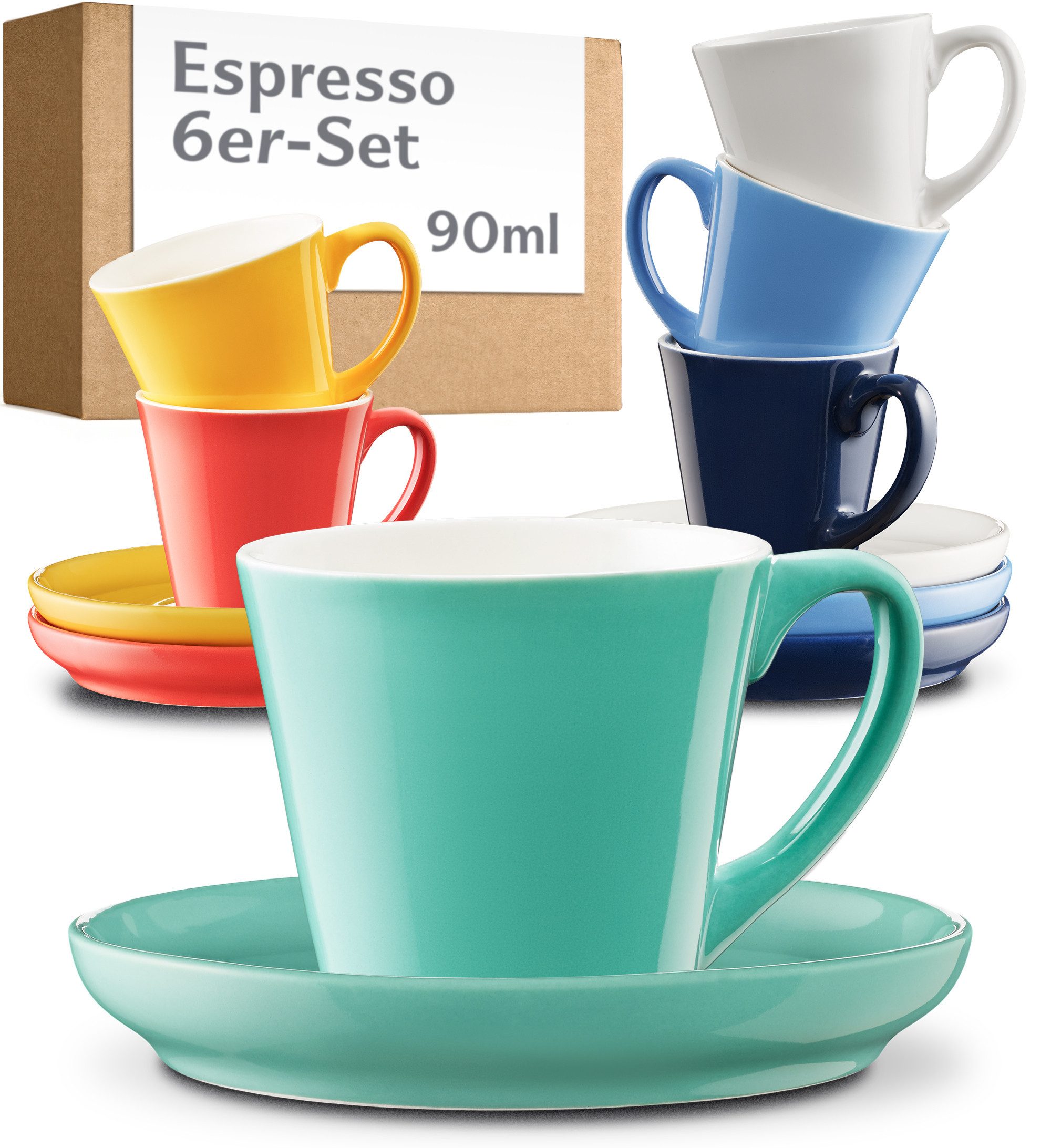 Cosumy Espressotasse Espressotassen Set 6er mit Untertassen - Keramik Mokkatassen - 70ml, 12-tlg., Keramik, 70ml