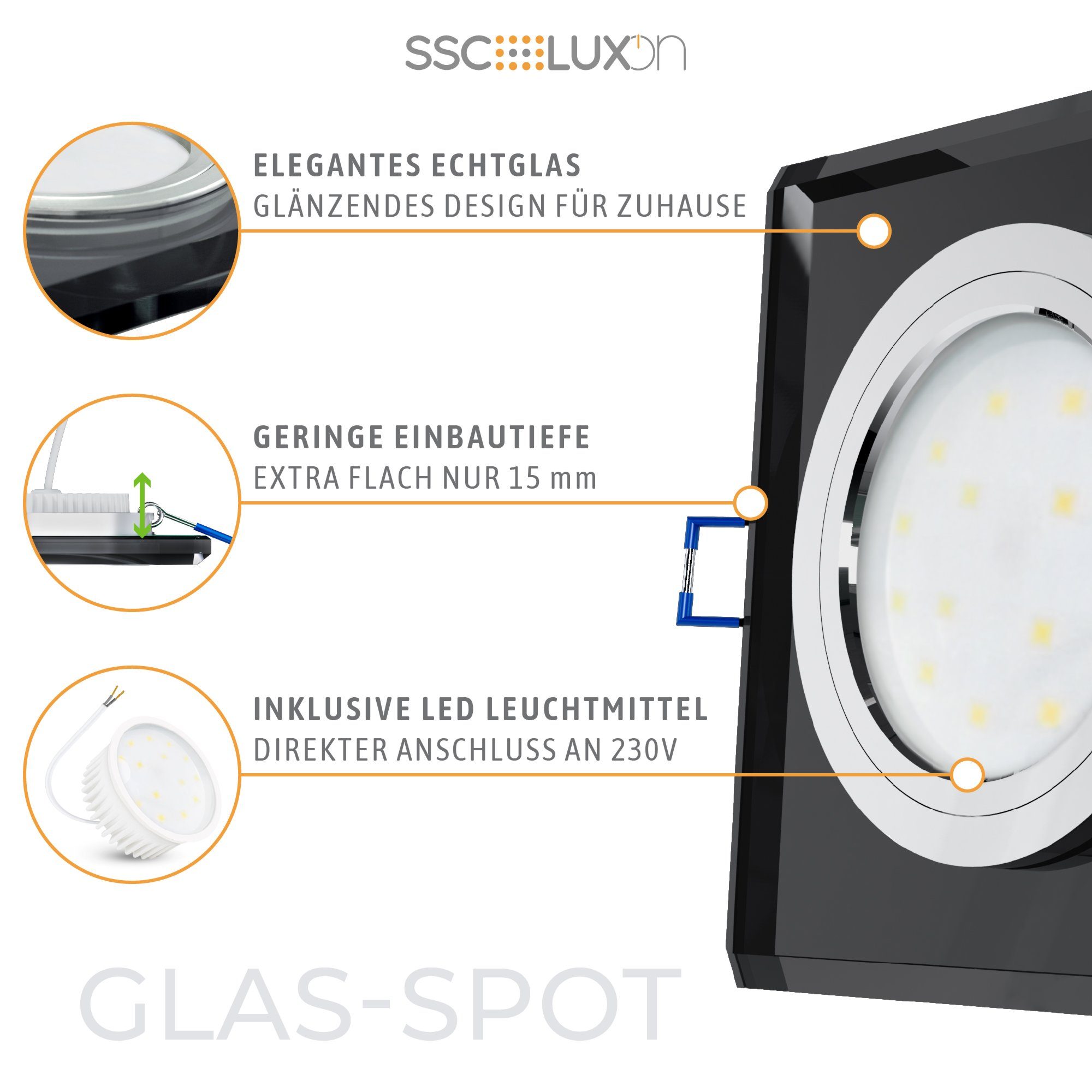 Glas LED Einbaustrahler LED SSC-LUXon 230V, Flacher aus Einbaustrahler eckig Warmweiß mit LED schwarz Modul