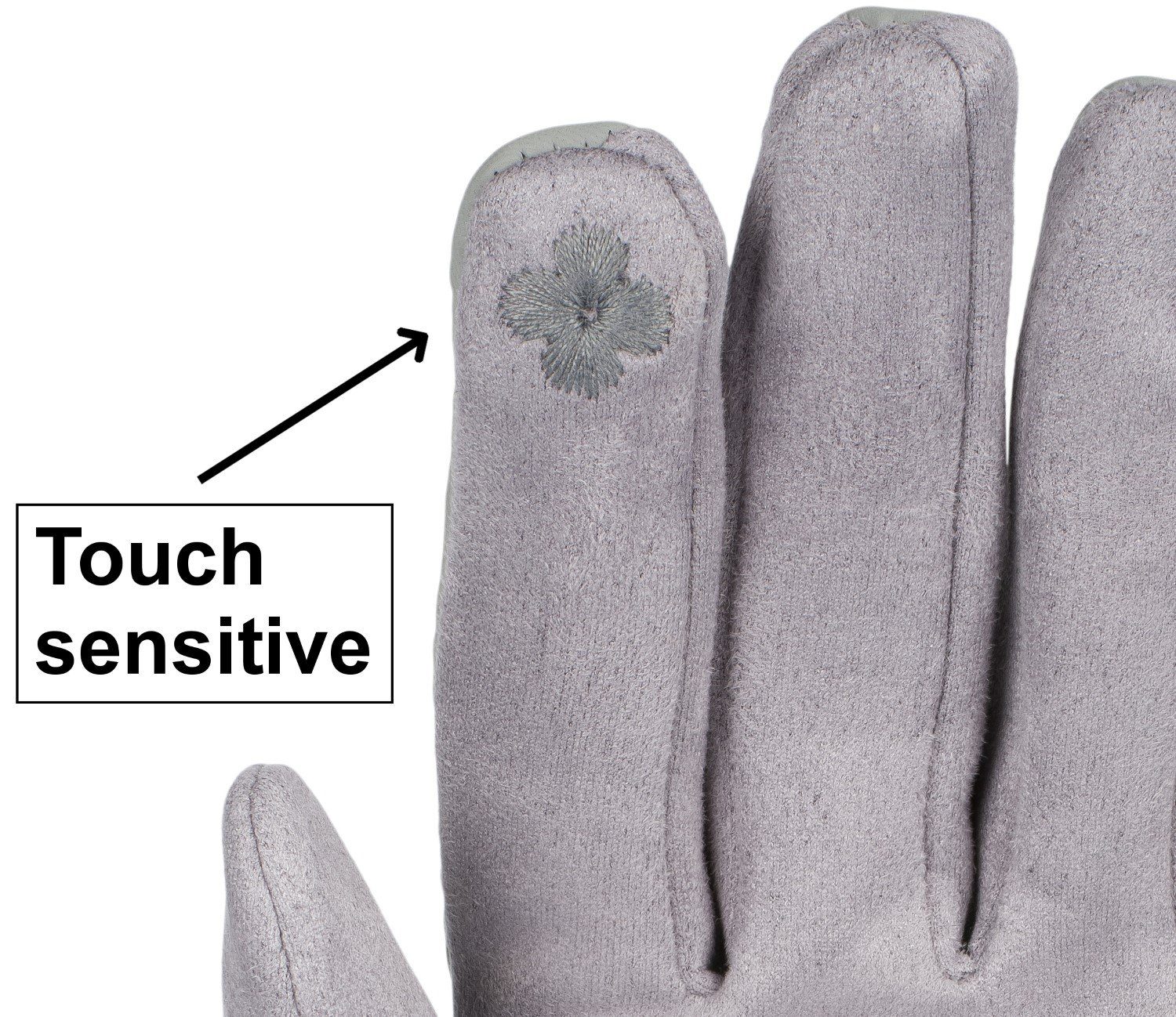 styleBREAKER Hellgrau Handschuhe bestickt Fleecehandschuhe Touchscreen Zick-Zack