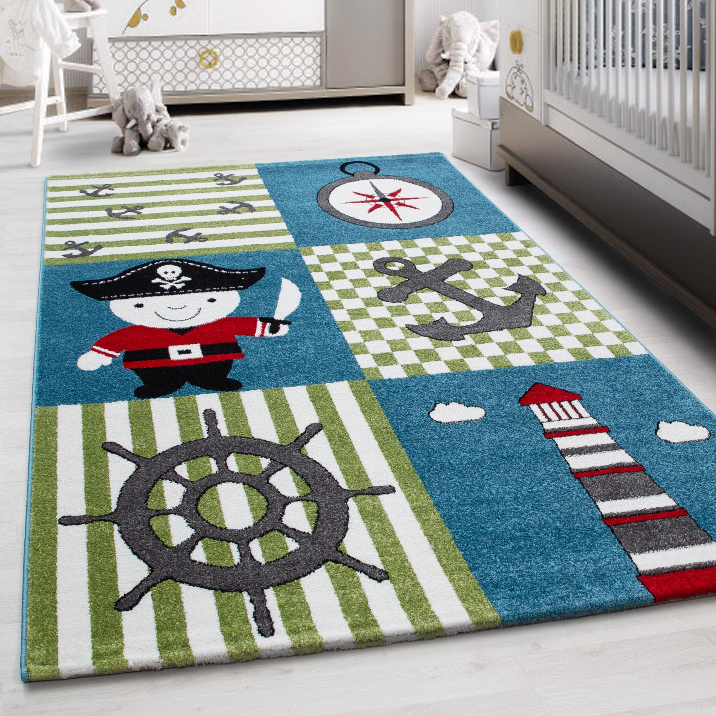 Teppich Piraten-Design, HomebyHome, Läufer, Höhe: 11 mm, Kinderteppich Pirat-Design Bunt Baby Teppich Kinderzimmer Pflegeleicht