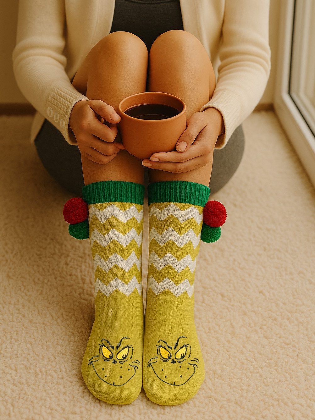 United Labels® Haussocken The Grinch Hüttensocken Haussocken Bommel Sherpa Futter Kuschelsocken