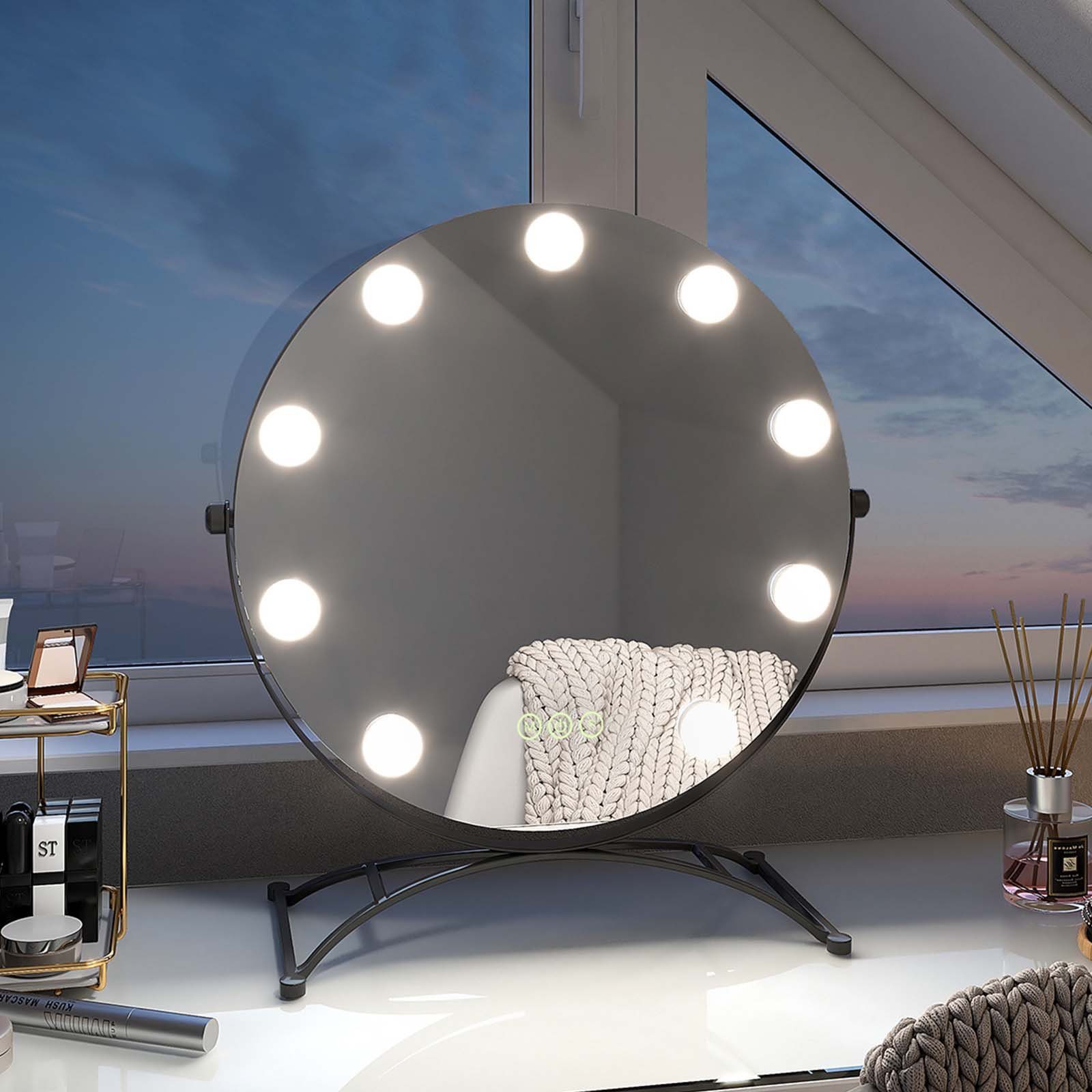 EMKE Kosmetikspiegel Runder Schminkspiegel Hollywood Spiegel mit Beleuchtung Tischspiegel, 3 Lichtfarben,Dimmbar,7 x Vergrößerungsspiegel,360° Drehbar