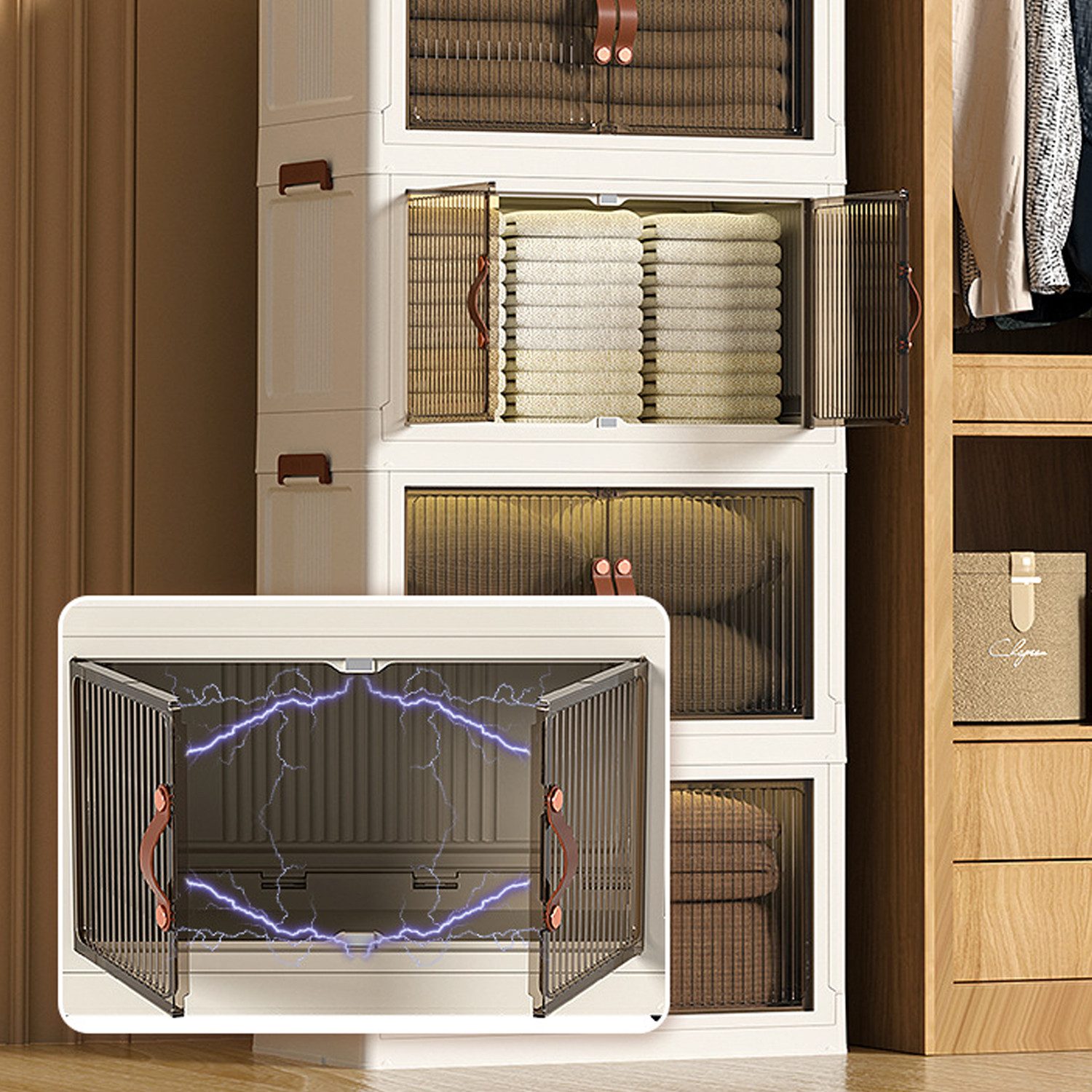 Thumbnail - OSTWOLKE Aufbewahrungsbox Große Stapelbox Faltbare Organisation mit Rädern Deckel und Türen