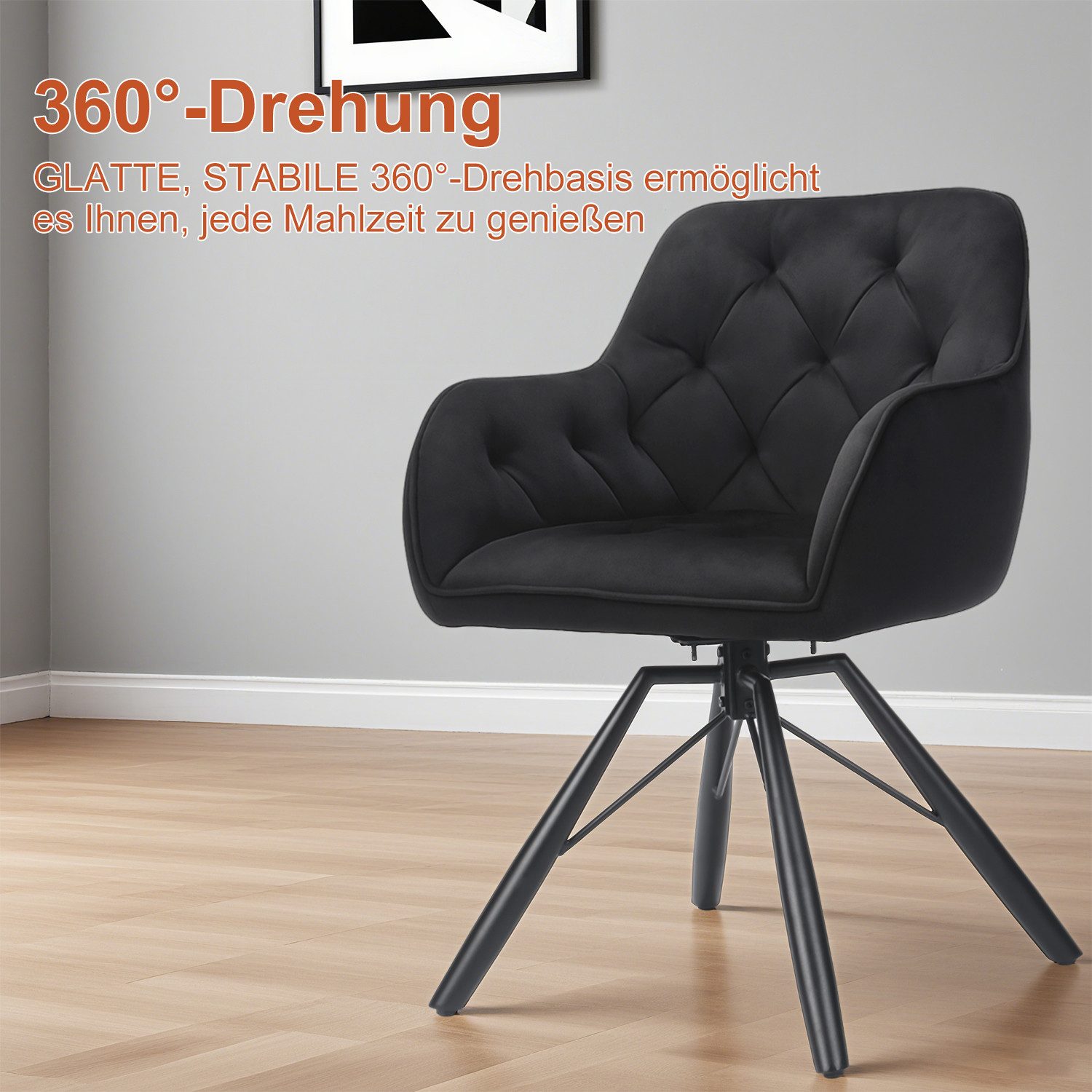 oyajia Polsterstuhl Esszimmerstuhl mit Armlehne Samt-Bezug Schwarz / Grau (360° drehbar · Federkern · Metall, 2 St) – Bild 4 von 5